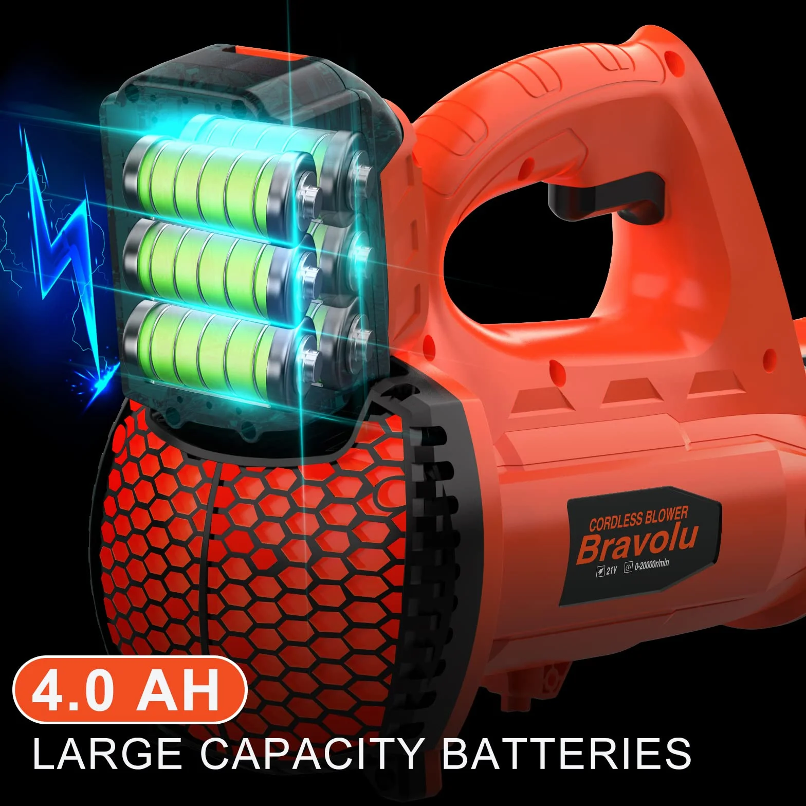 Soffiatore a Batteria, Bravolu 21V Soffiatore Foglie Elettrico, con Batteria da 4,0 Ah e Caricabatteria, Velocità Aria Max Regolabile 240 km/h, 20000 RPM con 6 Velocità Regolabili, Ugelli a 2 Sezioni