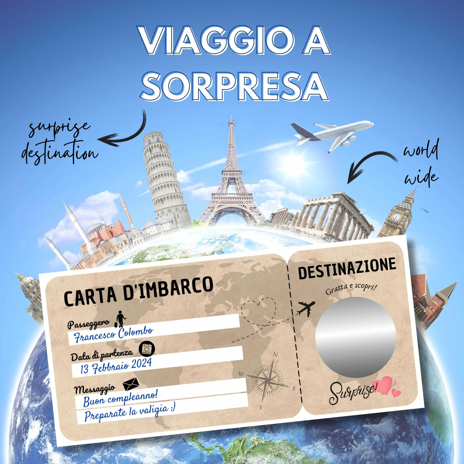 Regalo viaggio sorpresa Biglietto da grattare Buono viaggio Regalo viaggiatore romantico San Valentino Biglietto aereo carta di imbarco Gratta e scopri