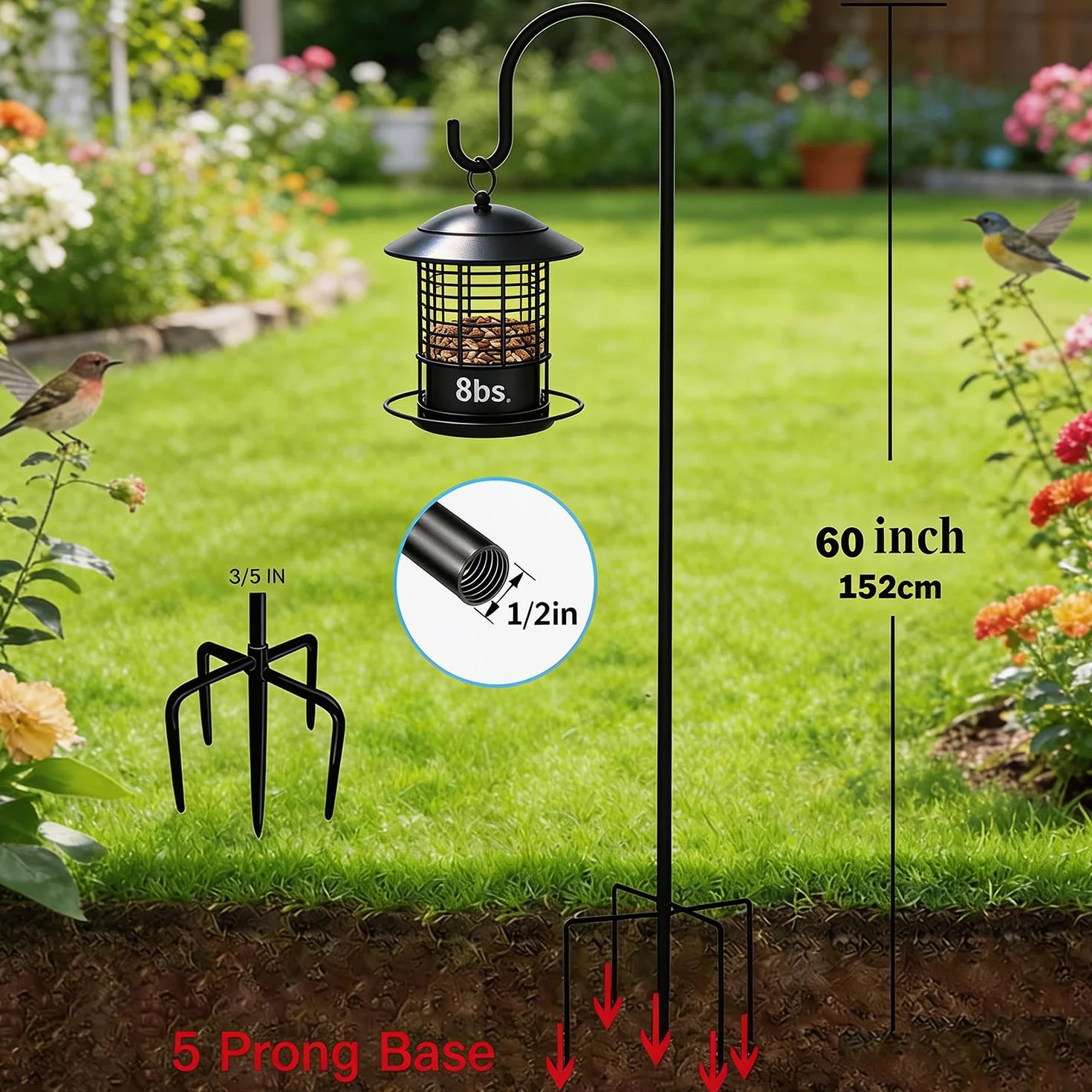Gancio Da Pastore Per Esterni 2 Pcs Altezza 152 Cm 5 Basi Asta Da Giardino Regolabile In Metallo
