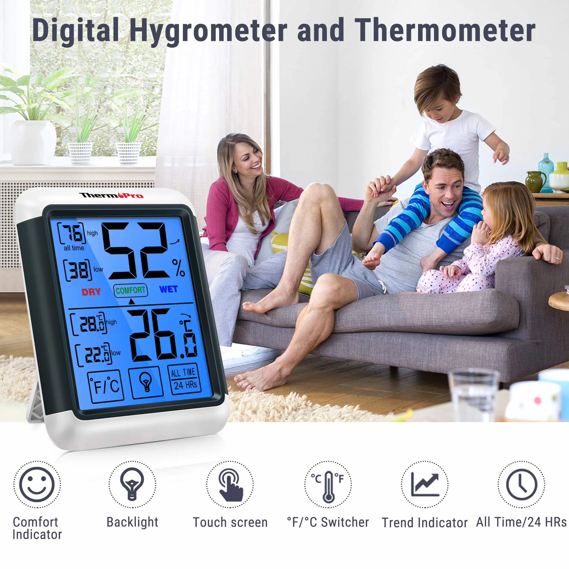ThermoPro TP55 Termometro Igrometro Digitale da Interno con Schermo Touchscreen e Retroilluminazione