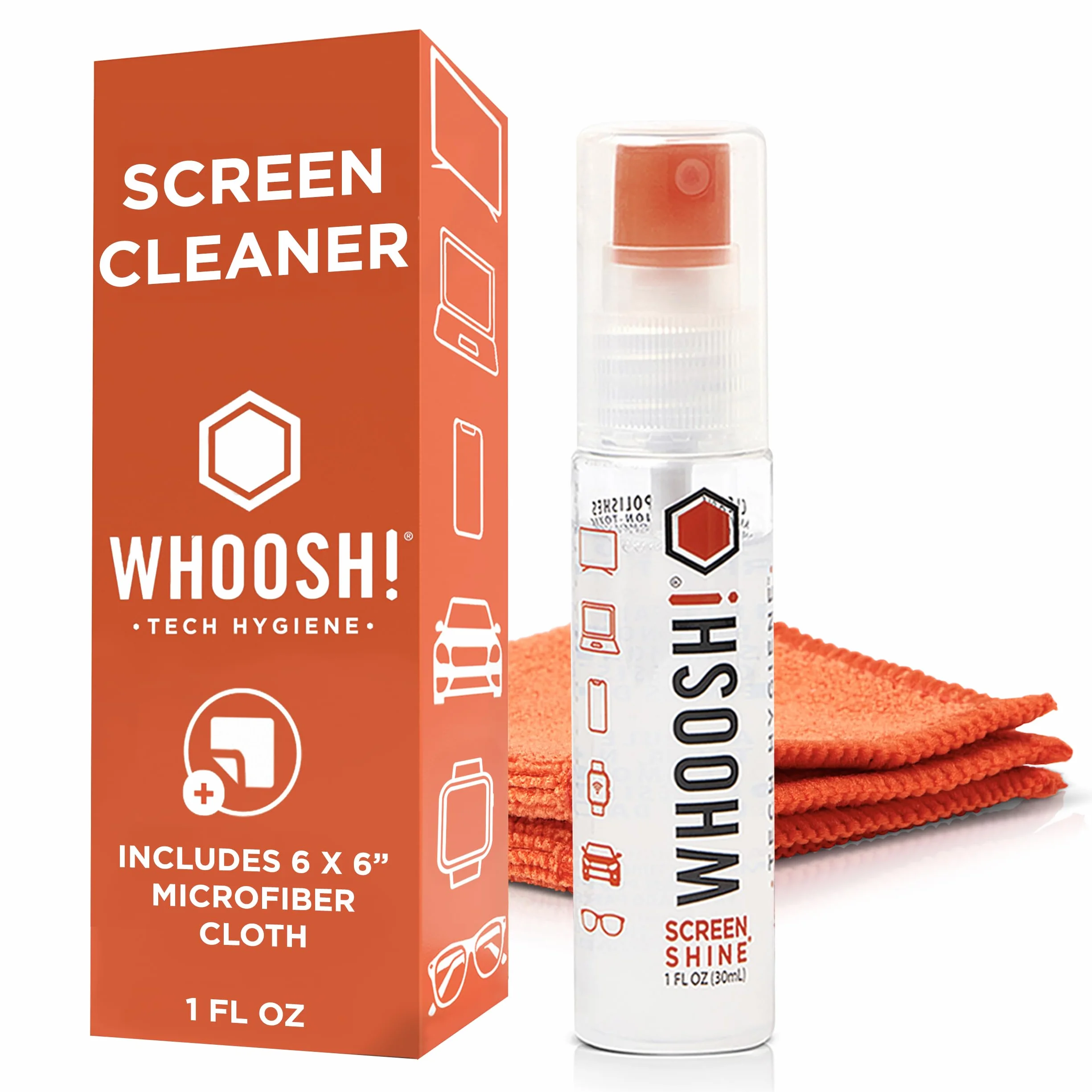WHOOSH! Screen Shine Go Kit 30 ml Spray do czyszczenia iPhone, laptop, MacBook, iPad – Płyn z mikrofibrą, bez smug, podróżny