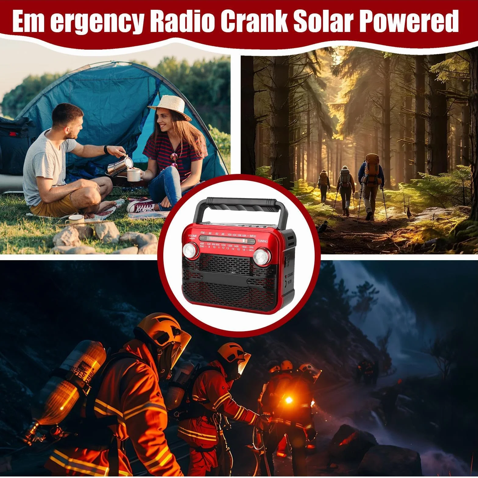 Radio a Manovella Portatile per Esterni con Illuminazione, 3 Modalità, Meteo e Tempesta