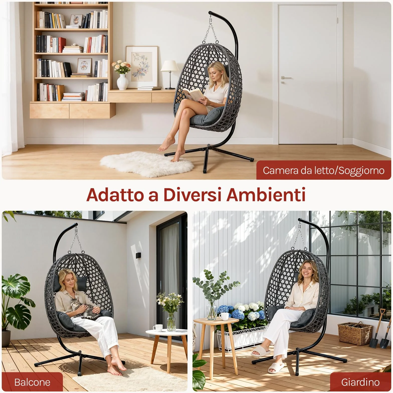 WOLTU Poltrona Sospesa a Uovo con Supporto in Metallo, Cuscino e Poggiatesta, Rattan PE, 102x100x196 cm, Grigio