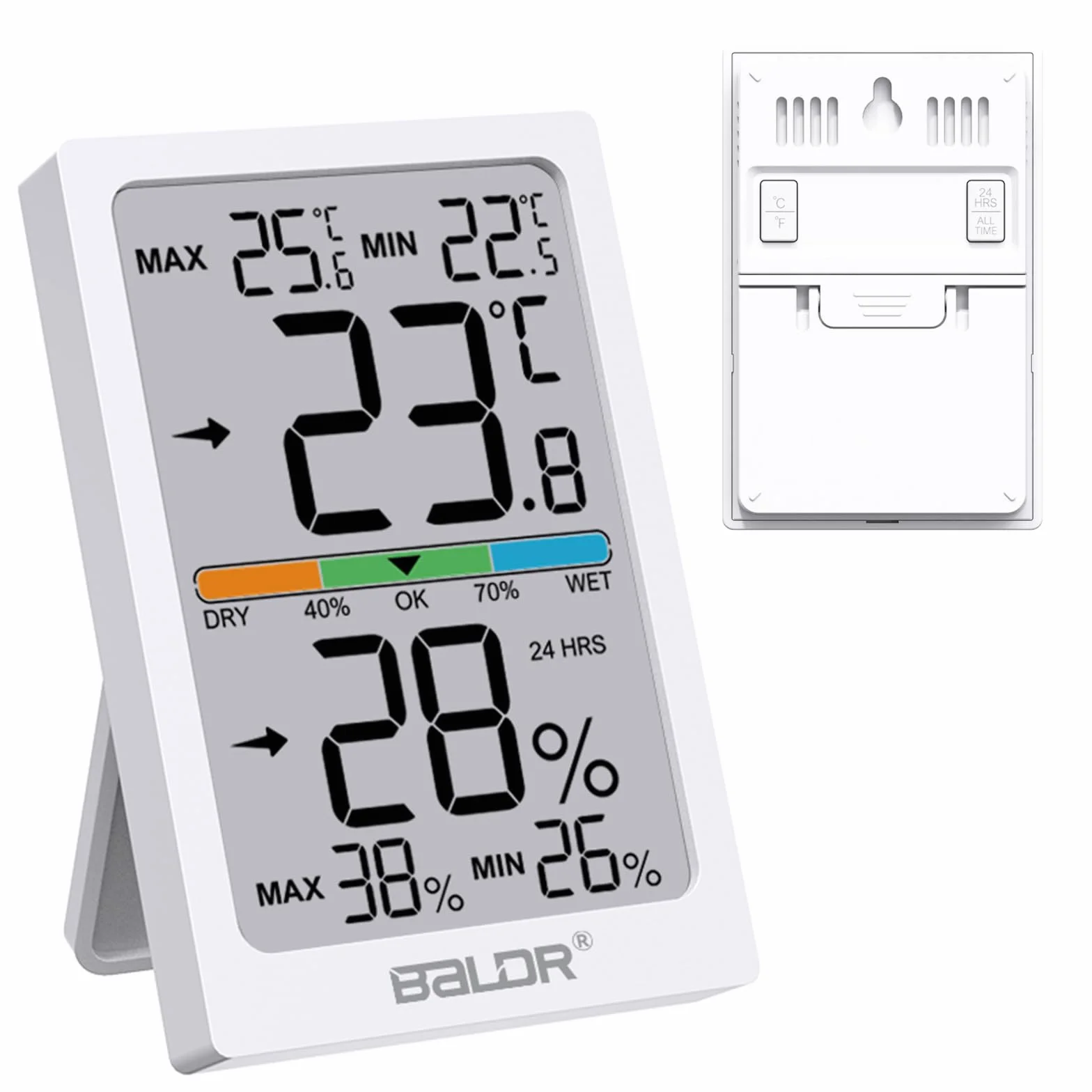 Termo-igrometro digitale per interni con grande schermo LCD, registrazione dei valori max./min., monitoraggio della temperatura e dell'umidità, commutazione °C/°F, indicatore di comfort