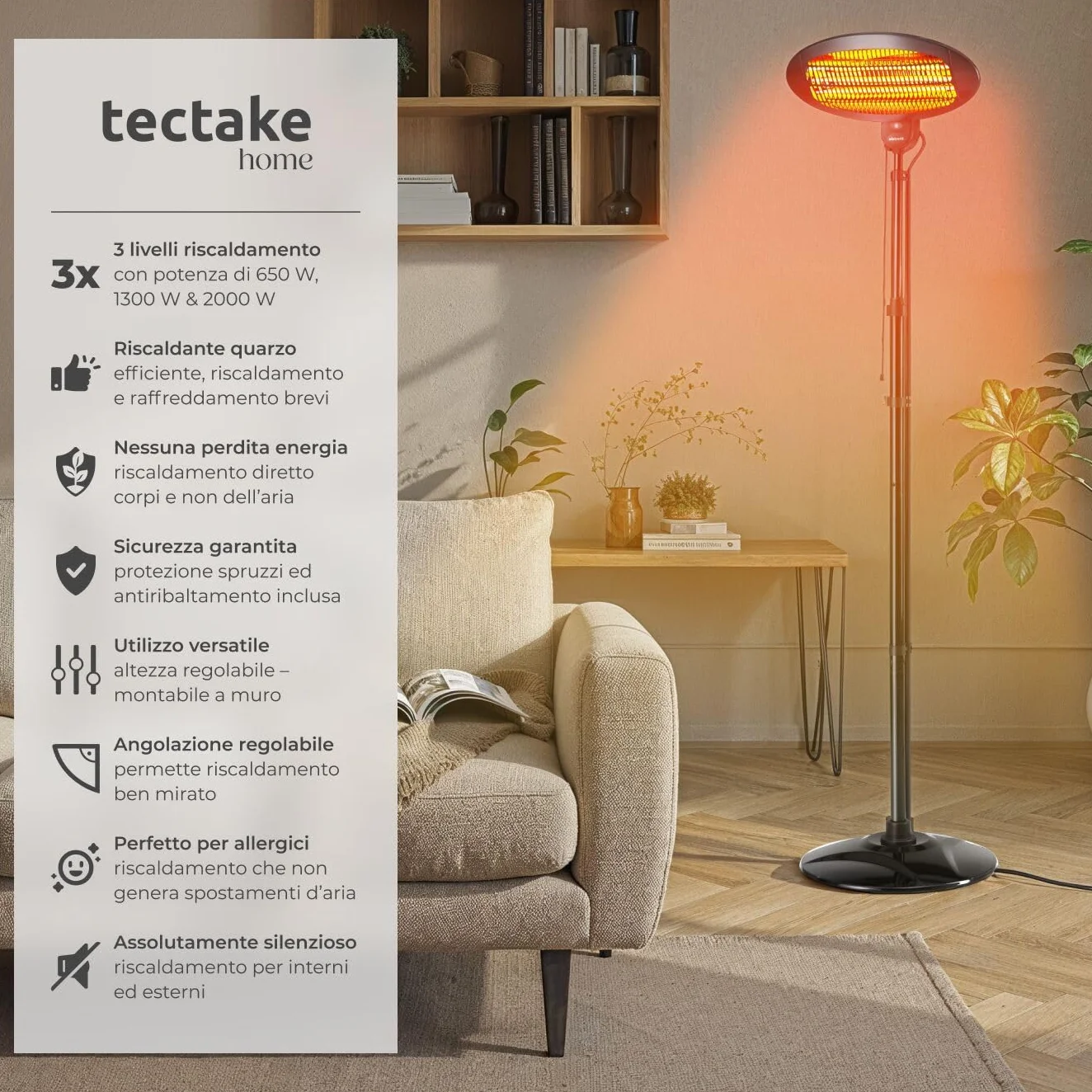 Tectake Riscaldatore a Infrarossi 2000W Lampada Regolabile 3 Livelli Potenza Protezione Anti-Ribaltamento Nero