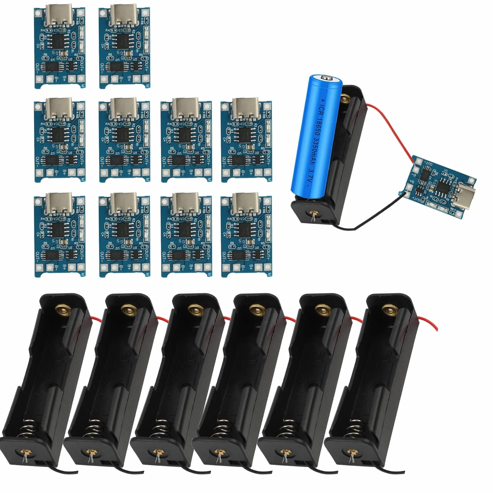 USB Type-C 5V Modulo di Ricarica Protezione Doppia, 6 Supporti per Batteria 3.7V Collegamenti a Filo, 10 Pezzi Pannello di Ricarica