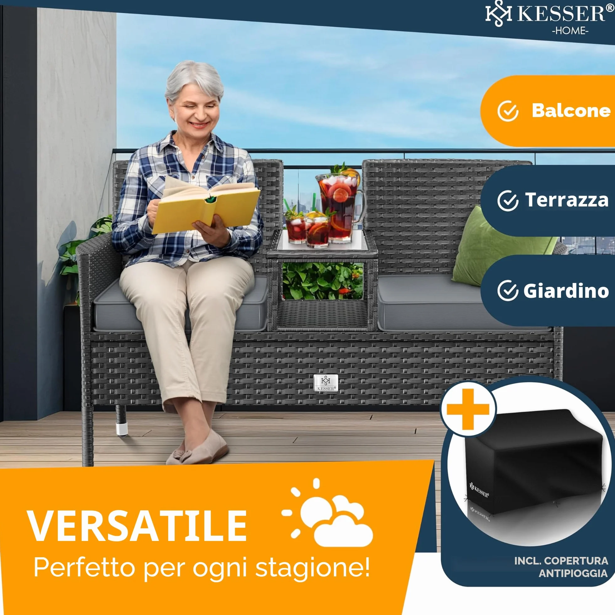 KESSER® Panca da giardino in polyrattan con tavolo integrato + cuscini, 2 posti, 133 × 55 × 84 cm, Panca in rattan, Giardino, Balcone, Divano da giardino - Resistente alle intemperie, Antracite