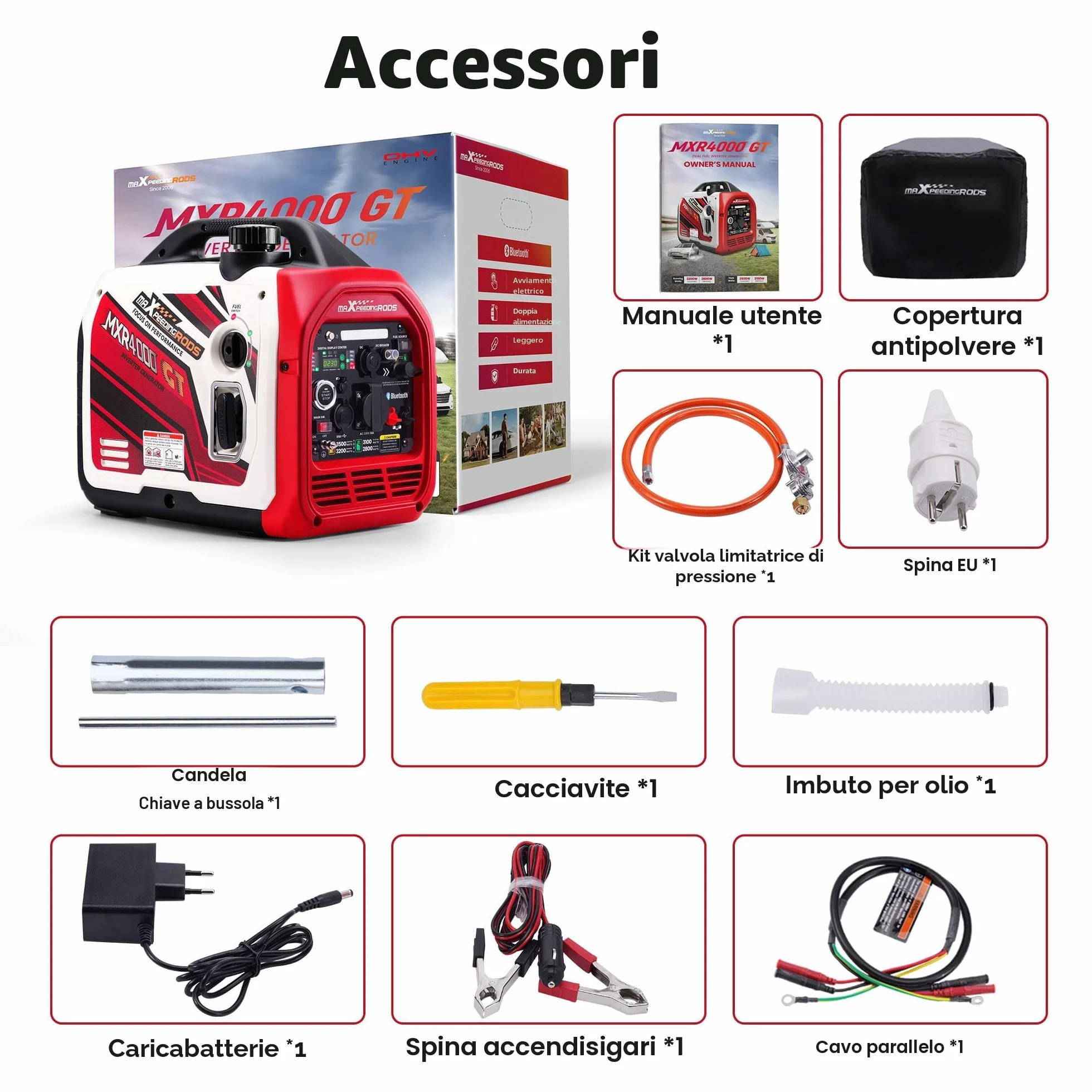 maXpeedingrods Generatore di Corrente Silenziato GPL e Benzina 3500W Inverter con App Bluetooth® Telecomando Portatile 4 Tempi Generatore Emergenza per all'Aperto Campeggio Partito Cantiere Garage
