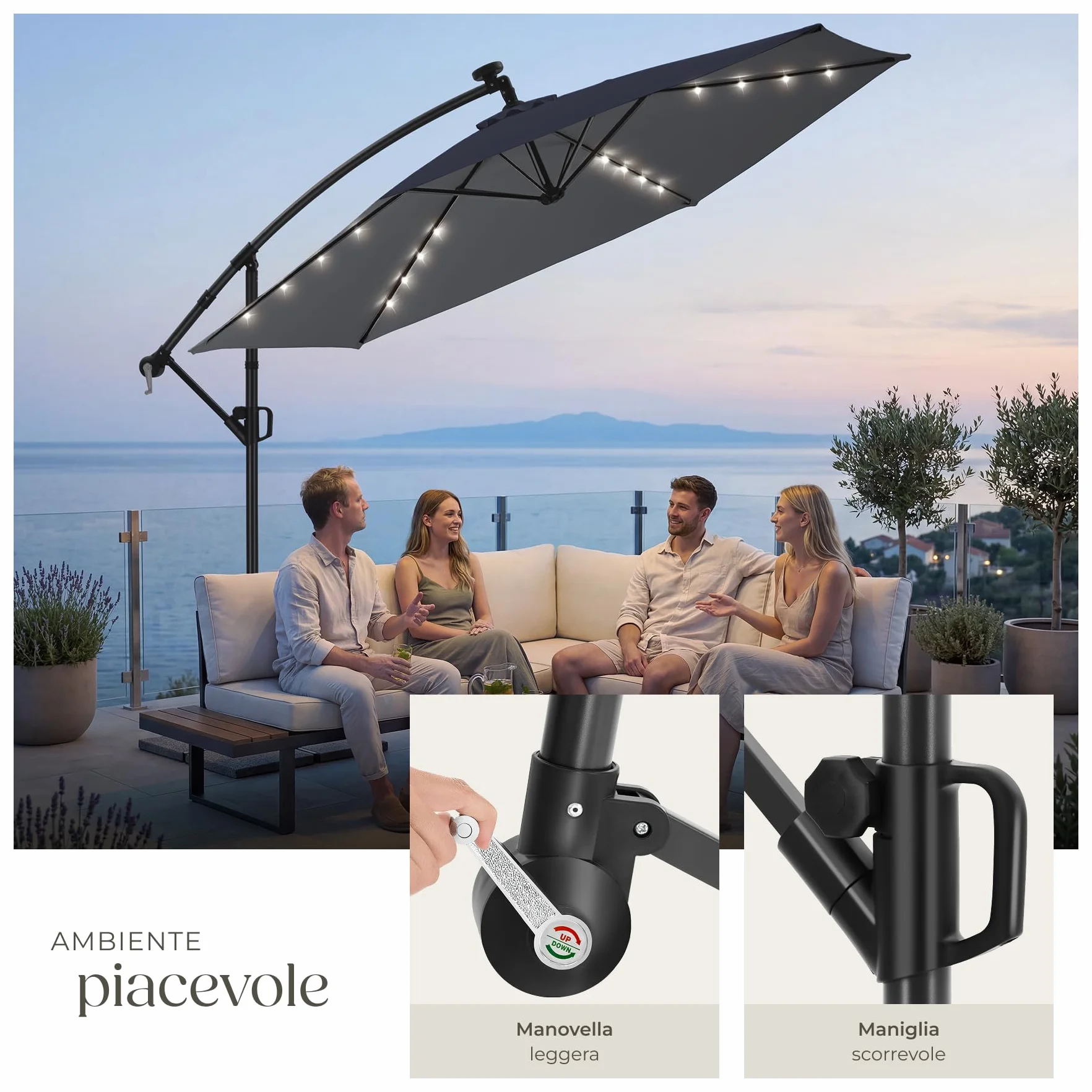 tectake® Ombrellone da Giardino 3x3 m, Ombrellone a Braccio Girevole 360° con Strisce Led a Energia Solare, Protezione UV 50+, Idrorepellente, Inclinabile, Base in Acciaio a Croce, Manovella