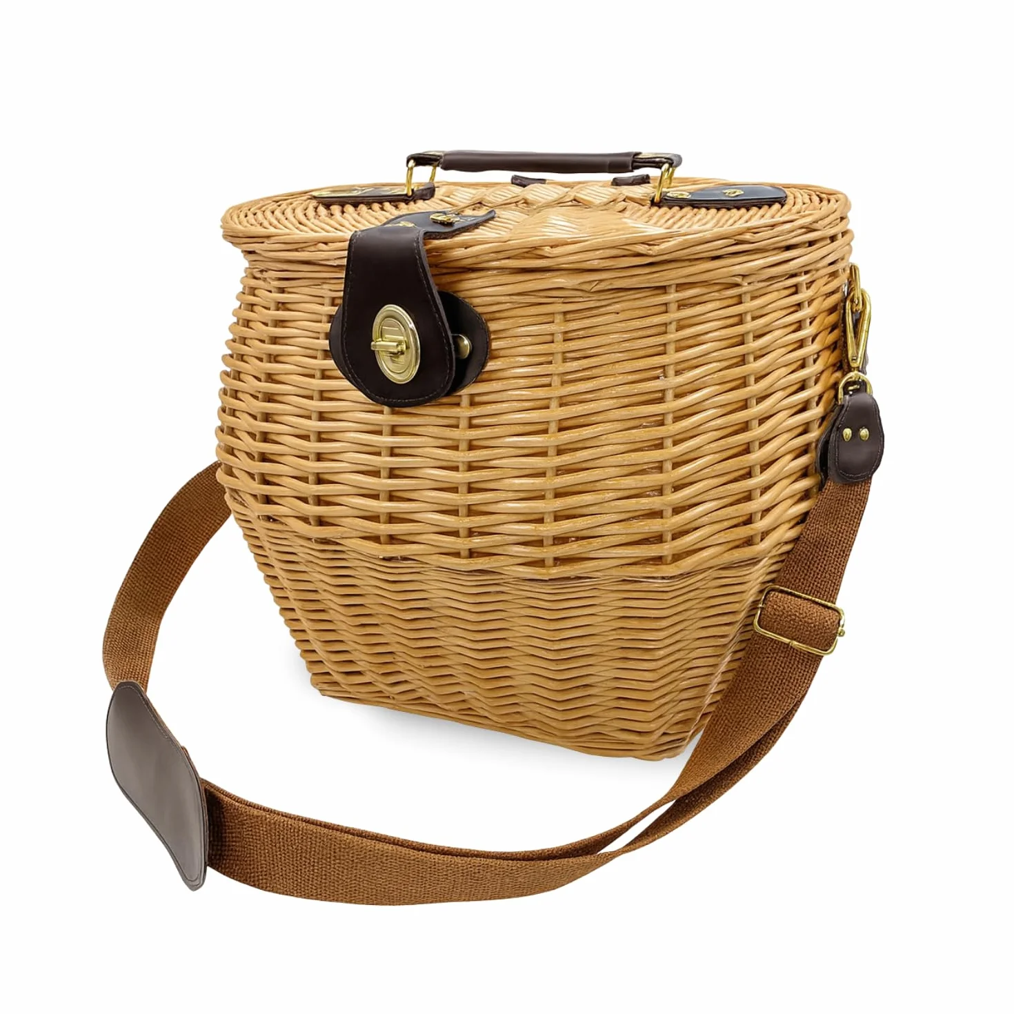 Virsus Cesta in Vimini con Tracolla per Funghi, misura 31x27x28cm, cestino con coperchio, tracolla in pelle regolabile, per picnic e raccolta tartufi, castagne, frutti di bosco -1815