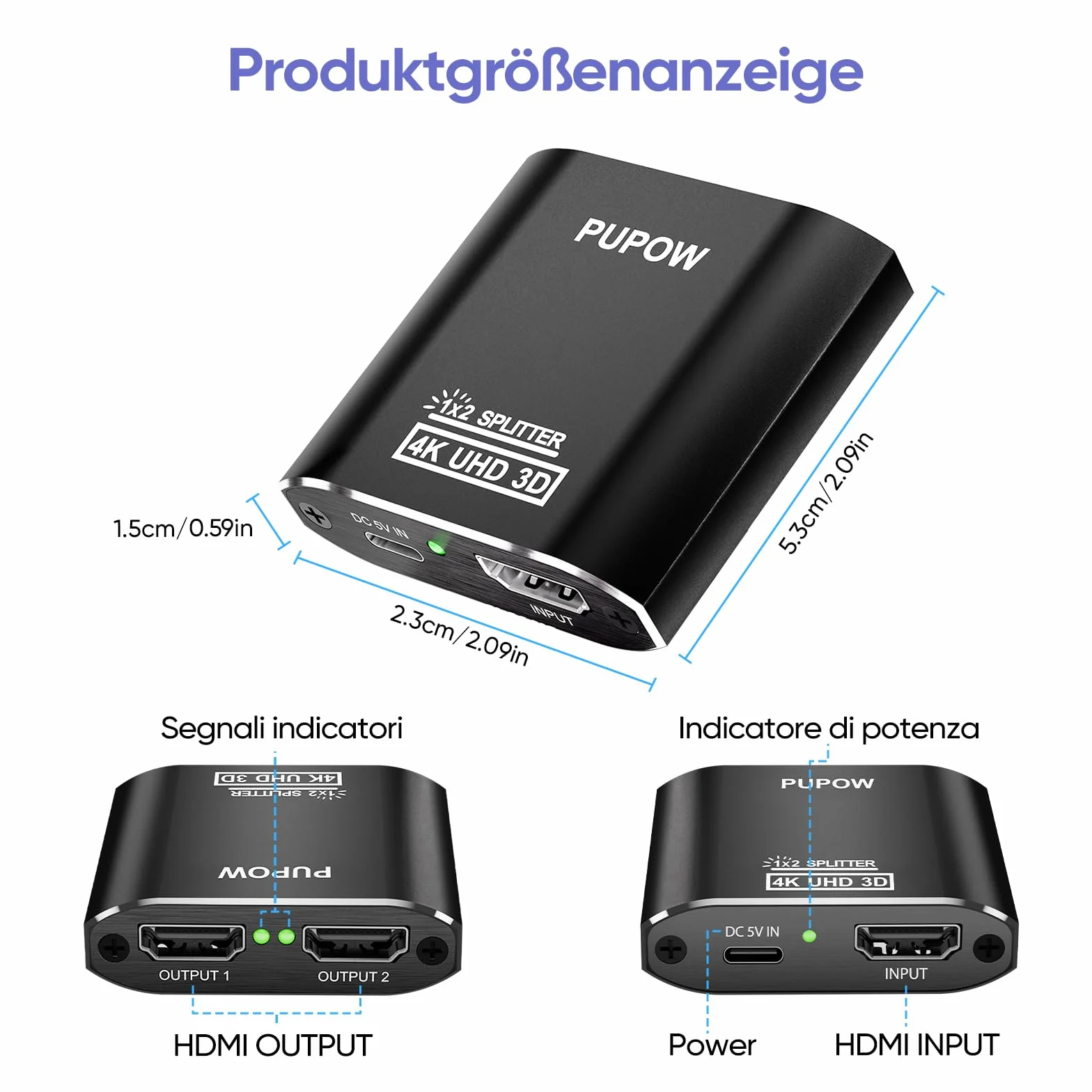 Sdoppiatore HDMI 1 in 2 Out Alluminio 4K Splitter per PS4 Xbox Sky Box Fire Stick