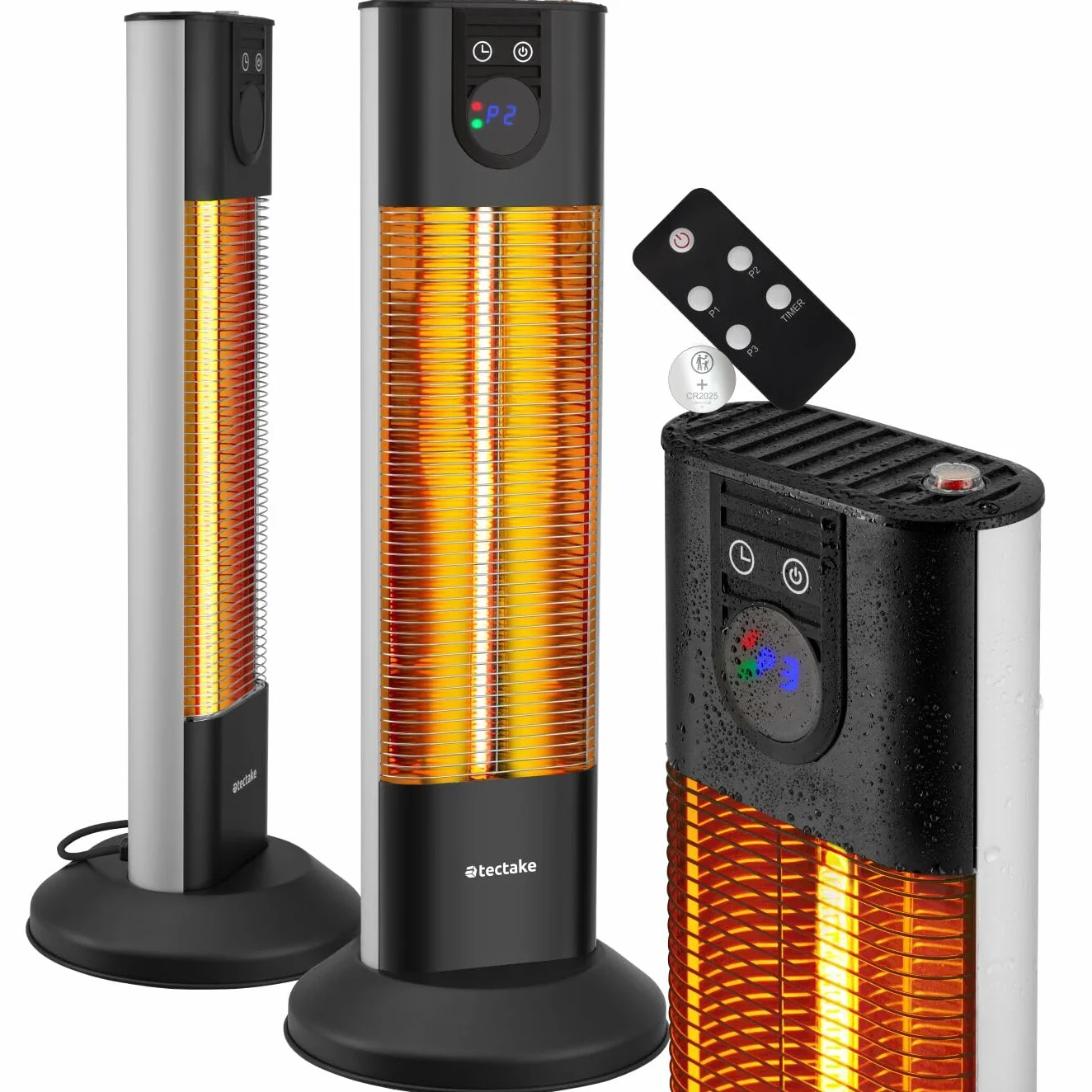 tectake® Radiatore a Infrarossi 1500W, LED, Timer, 3 Livelli di Potenza, Telecomando, Alluminio Inossidabile, Protezione Antiribaltamento, Riscaldamento Diretto, per camping, interno ed esterno - Nero