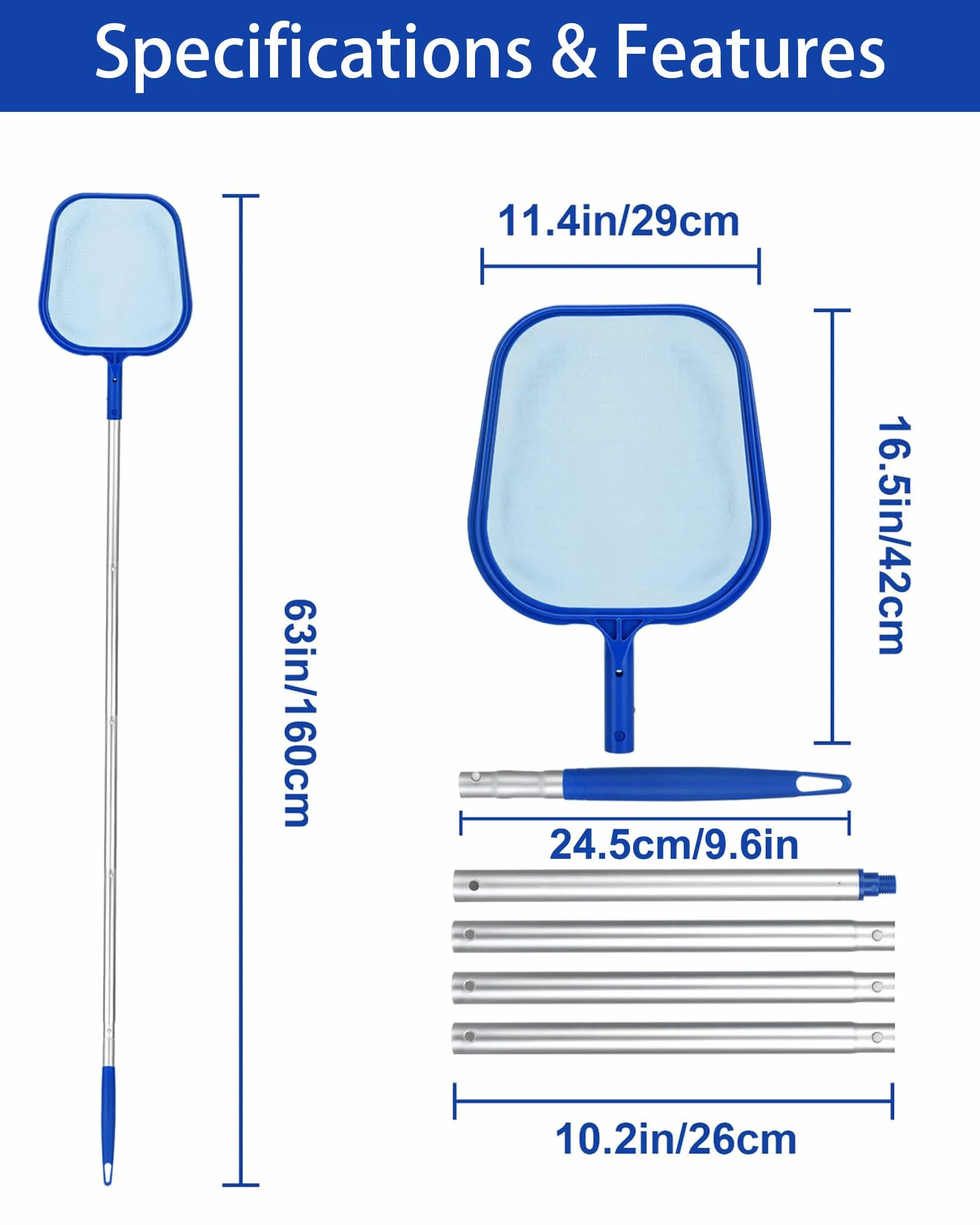 Retino Piscina - Retino per Piscina 120CM Rete a Maglia Fine per Foglie con Asta Telescopica in Alluminio per Pulizia Piscina Spa Stagni e Acquari da Foglie e Detriti