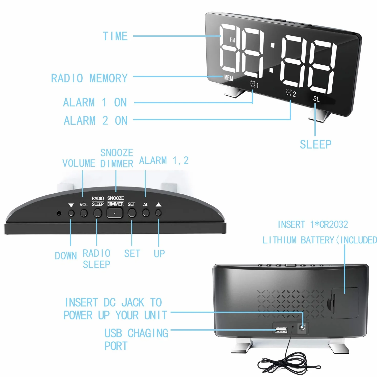 ThreeH Orologio Digitale Radiofonico 7,3 Pollici LED Caricatore USB Sveglia Rosso
