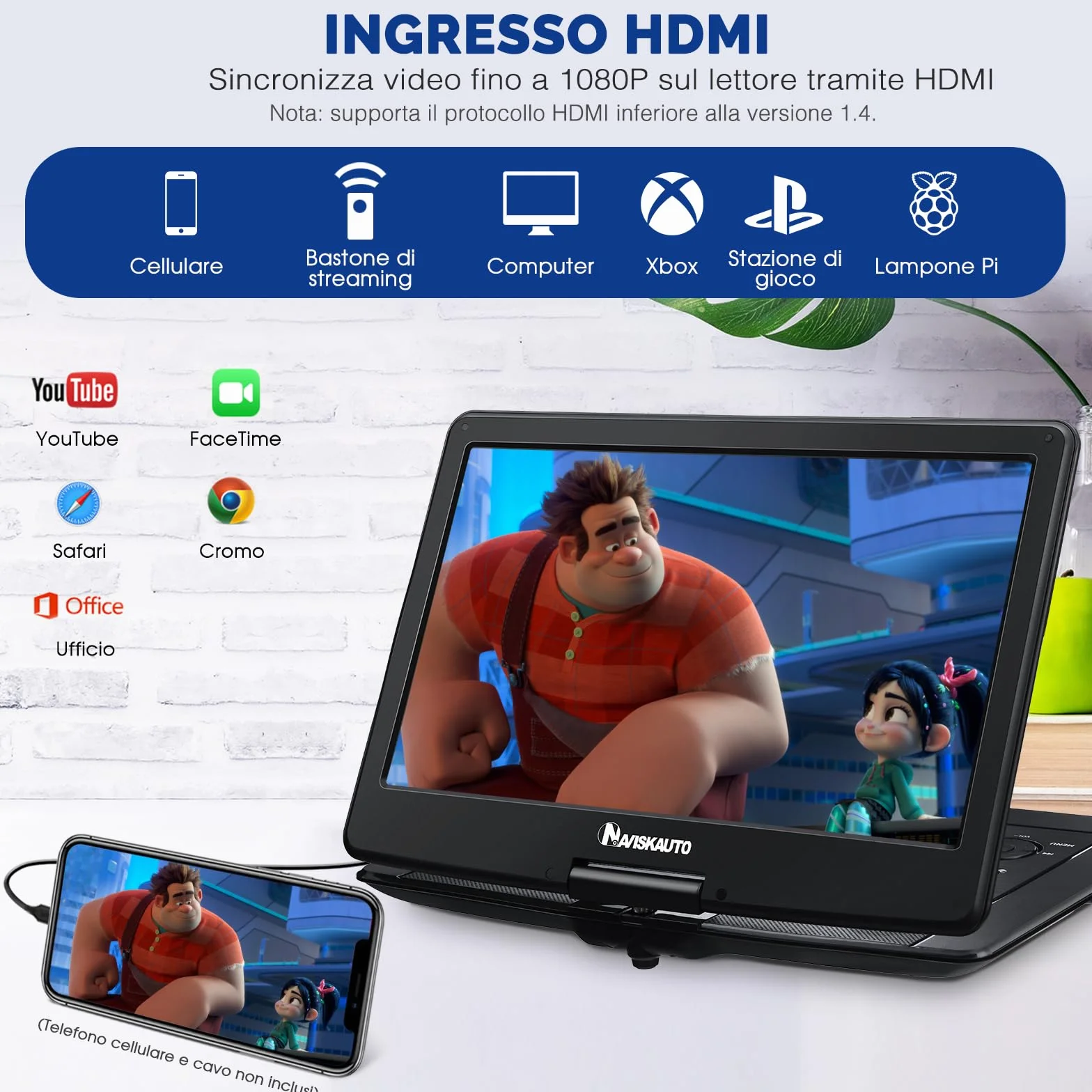 NAVISKAUTO Lettore DVD Portatile 17,5 Pollici Schermo 16 Pollici HDMI USB TF AV OUT Region Free