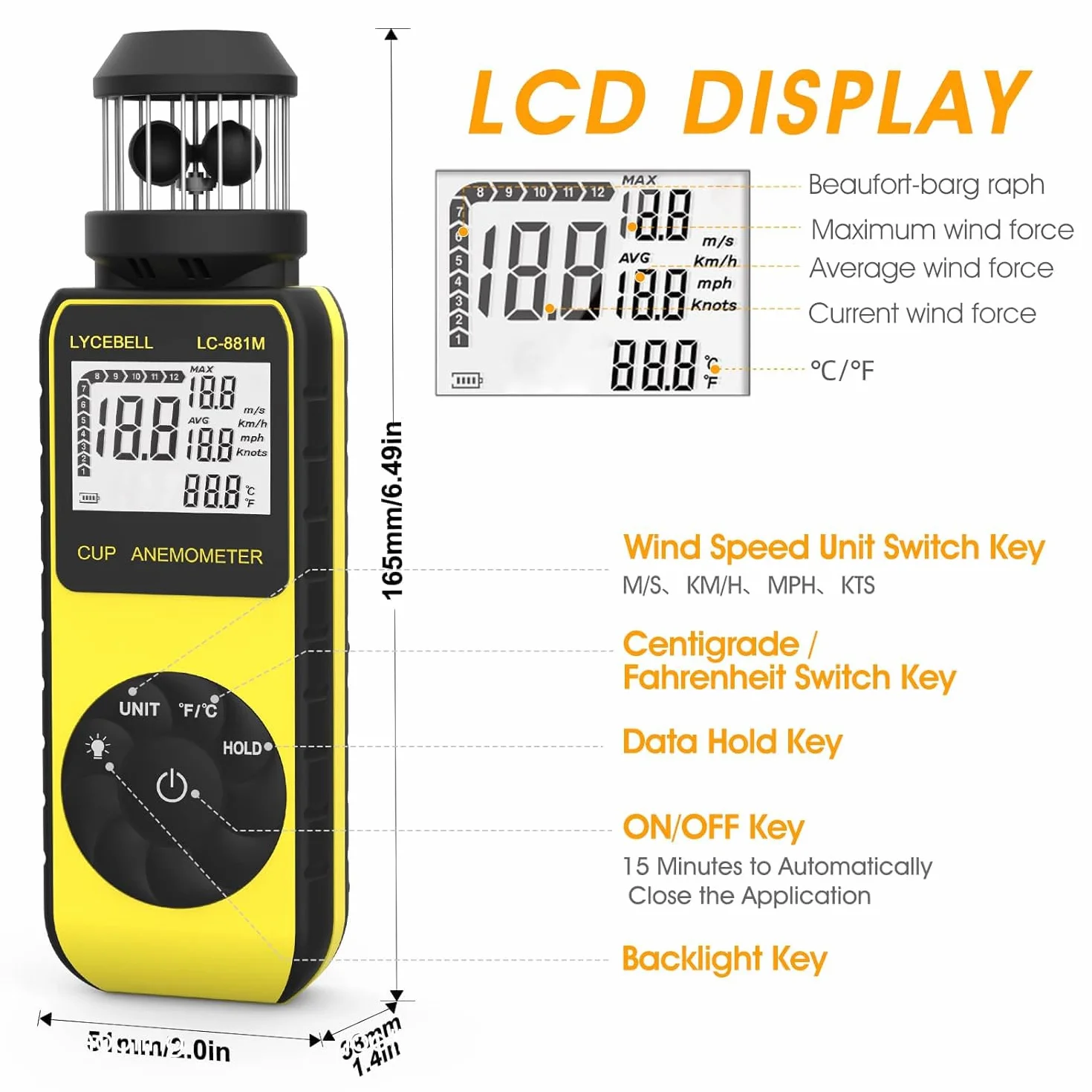 ‌Anemometro Digitale Portatile LC-881M, Misuratore di Velocità del Vento e Temperatura con Bussola Integrata, 360° Direzione Vento per Esterni, Droni, Nautica, Surf, Pesca, Montagna‌