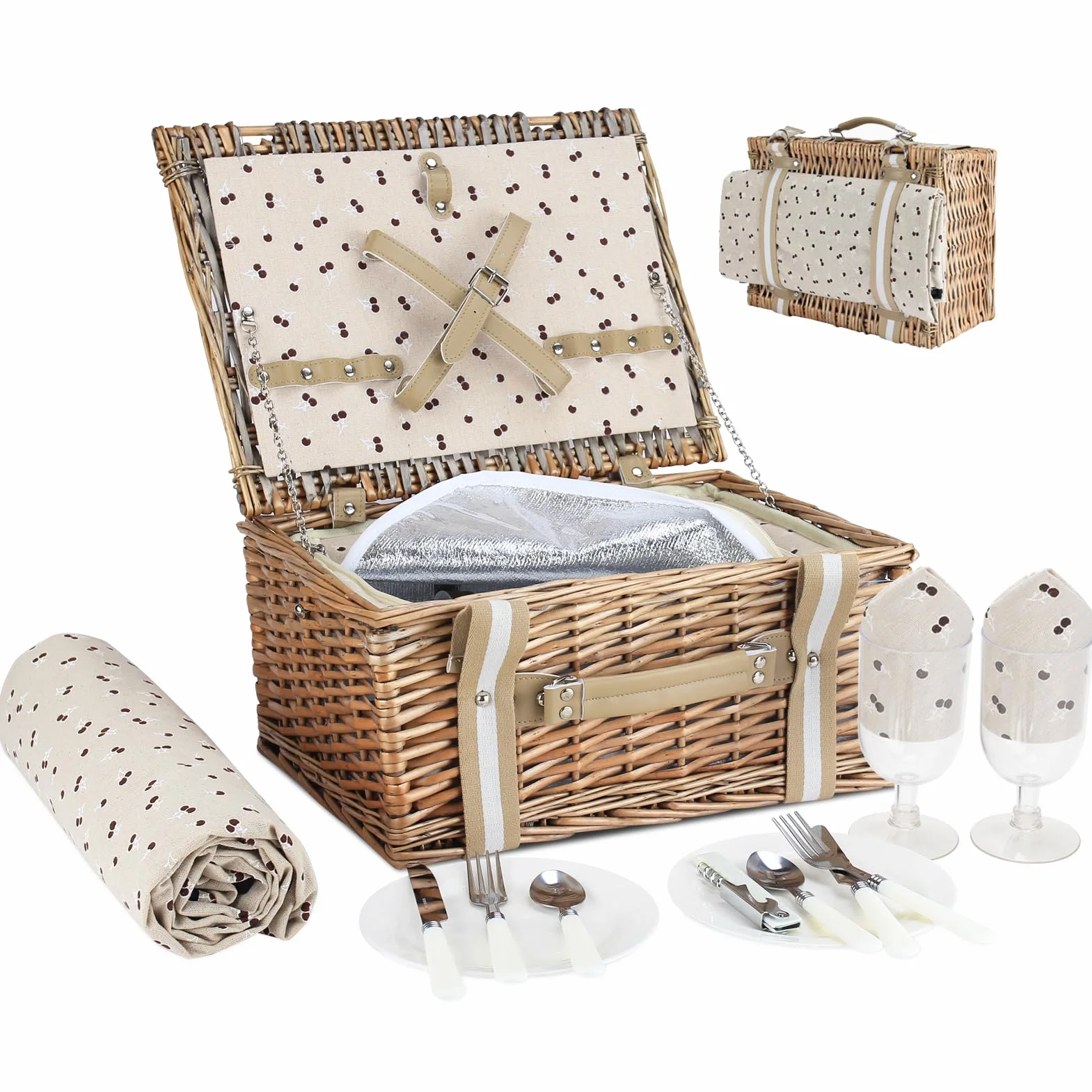 G GOOD GAIN Cestino da Picnic In Salice, Per 2 Persone, Con Grande Borsa Termica Isolata e Coperta da Picnic Impermeabile, Cestino da Picnic in Vimini, per Campeggio, All'aperto, San Valentino, Natale