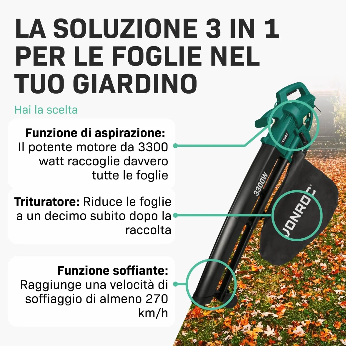 VONROC Soffiatore Foglie Elettrico 3 in 1 3300W – Soffiatore, Aspiratore e Trituratore – Velocità Aria 270 km/h – Sacco 40L con Ruote e Tracolla – Leggero e Potente per Giardini e Cortili