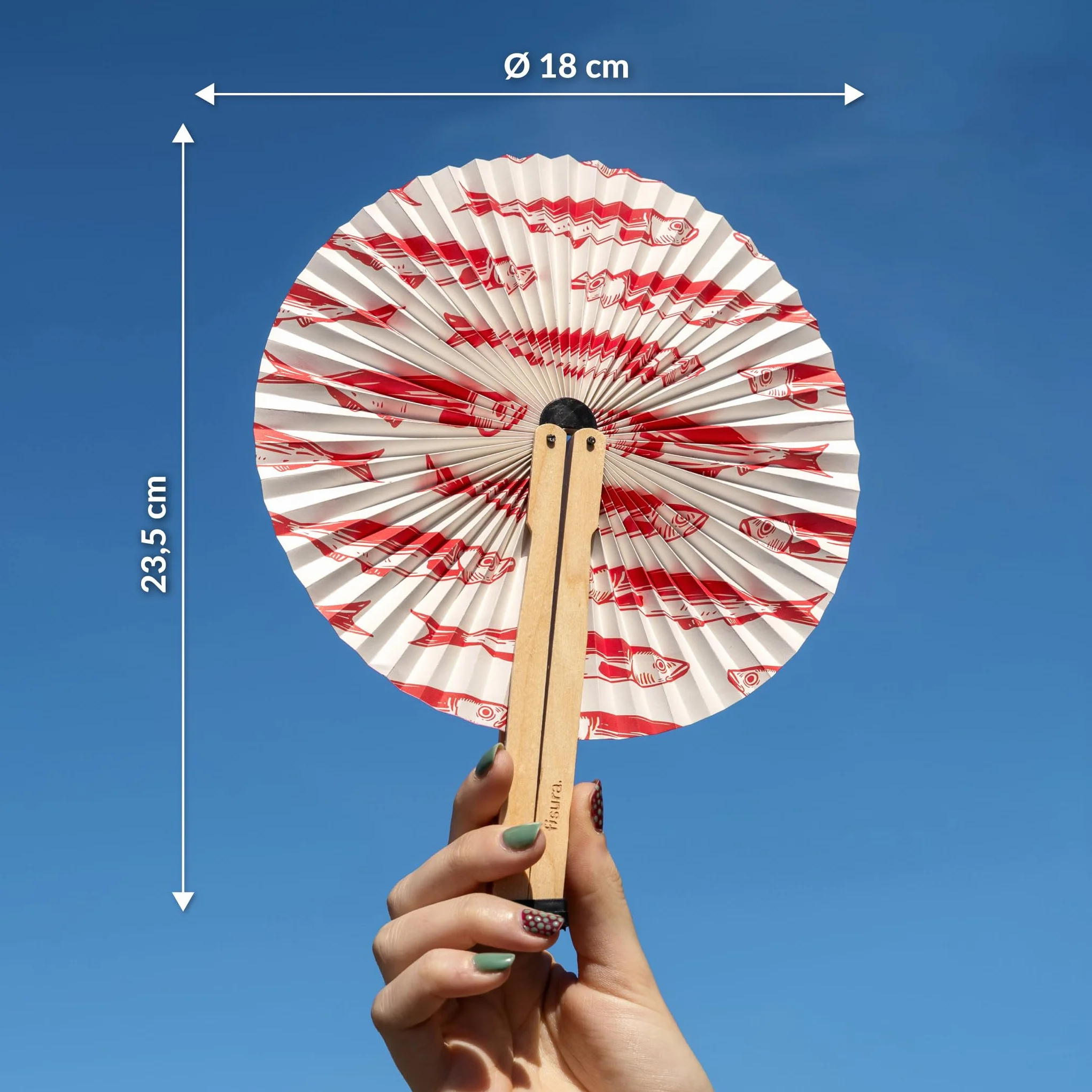 Fisura – Ventaglio pieghevole con motivo sardine, ventaglio originale in carta, pai pai bianco e rosso, accessorio per matrimonio, dettaglio per invitati, idea regalo festa o evento