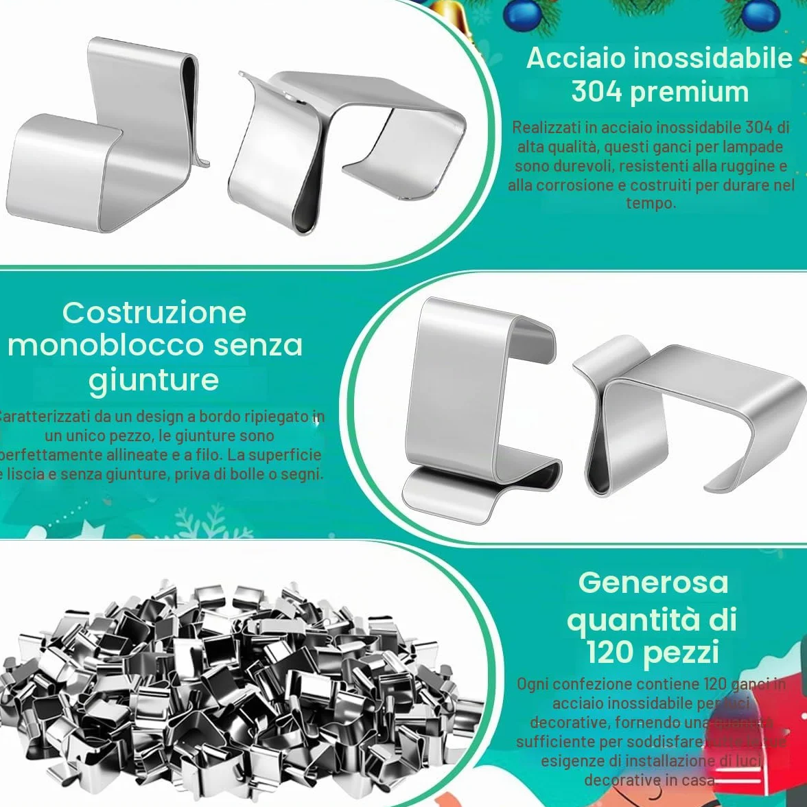 Ganci per Grondaie Luci di Natale in Acciaio Inossidabile 120 Pezzi, Clip per Luci Esterne