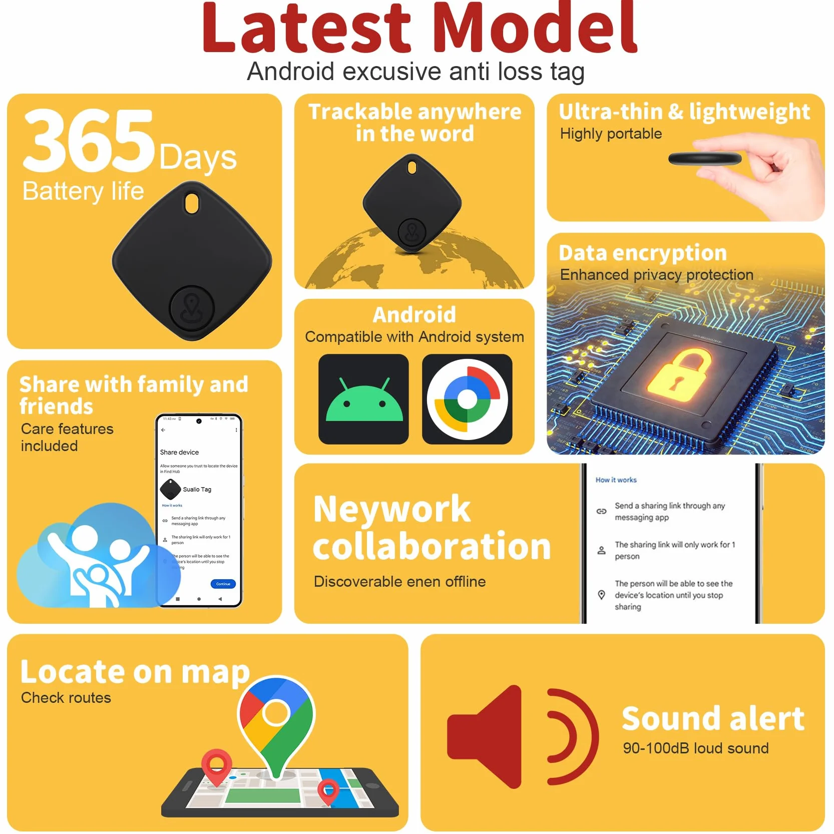 Air Tracker Android 4 Pezzi Smart Tracker Bluetooth Localizzatore Chiavi Bagagli Valigie Portafogli Nero