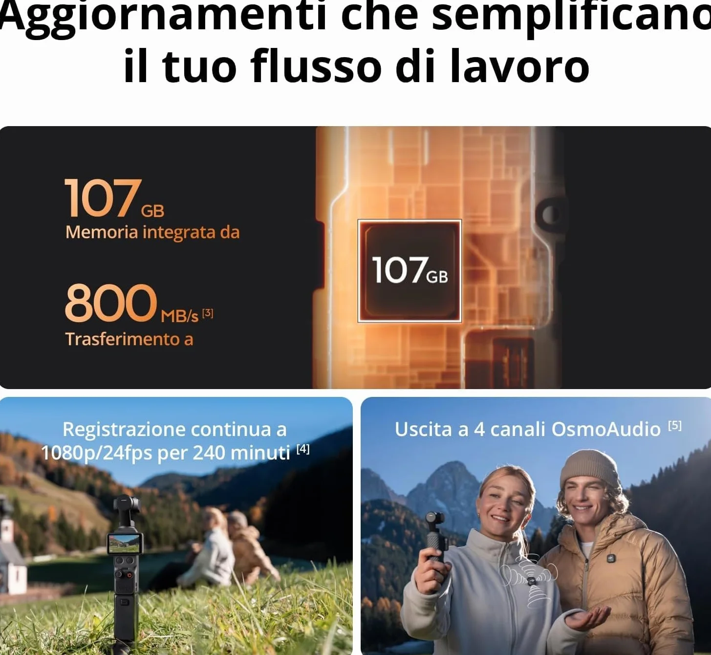 DJI Osmo Pocket 4 Combo Creator fotocamera stabilizzata tascabile 4K/240fps CMOS 1″ stabilizzazione tre assi zoom 2× 107 GB memoria integrata