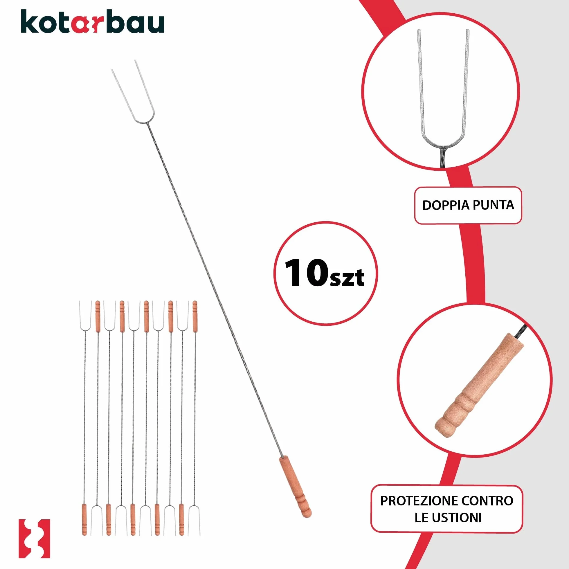 KOTARBAU® Set 10 Pezzi Spiedini Per Barbecue - Acciaio - 100 cm - Forchettone Barbecue - con Manico in Legno - Fuoco - Ergonomico - Resistente