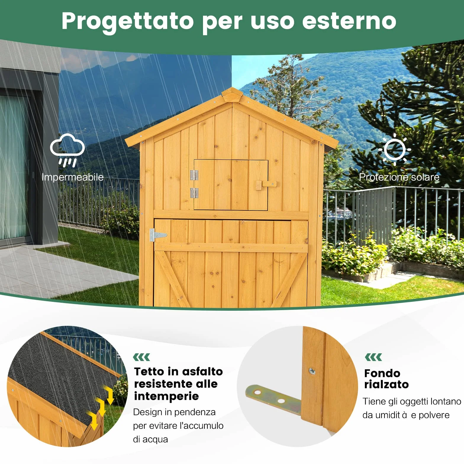 COSTWAY Armadio da Esterno in Legno Capanno da Giardino con Serratura Tavolo Pieghevole Tetto Impermeabile