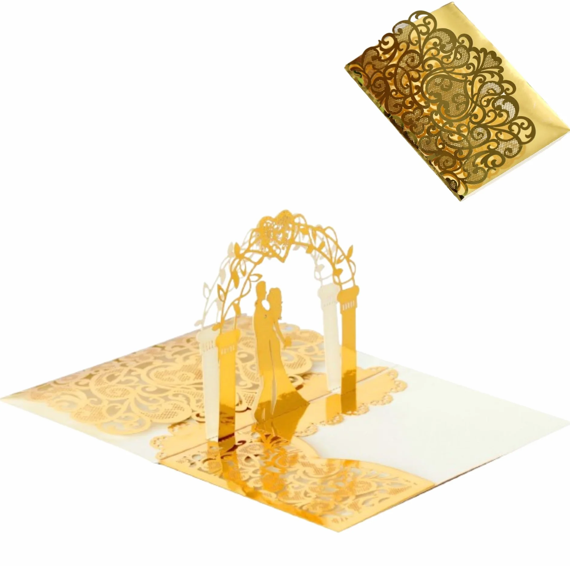 Elegante biglietto di nozze pop-up 3D dorato con busta, invito romantico per coppia di sposi