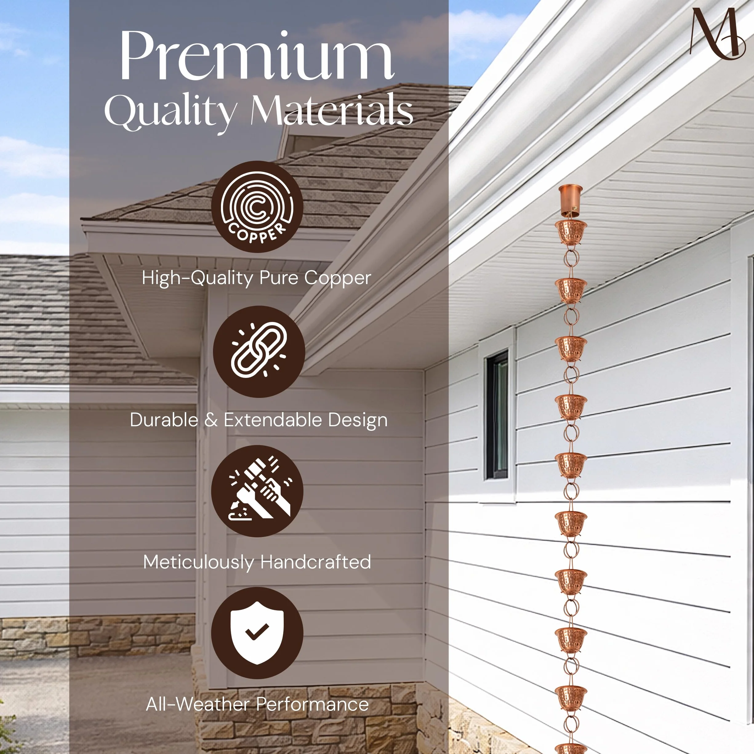 Monarch Pure Copper Hammered Cup Rain Chain 8.5 ft Replacement Downspout for Gutters