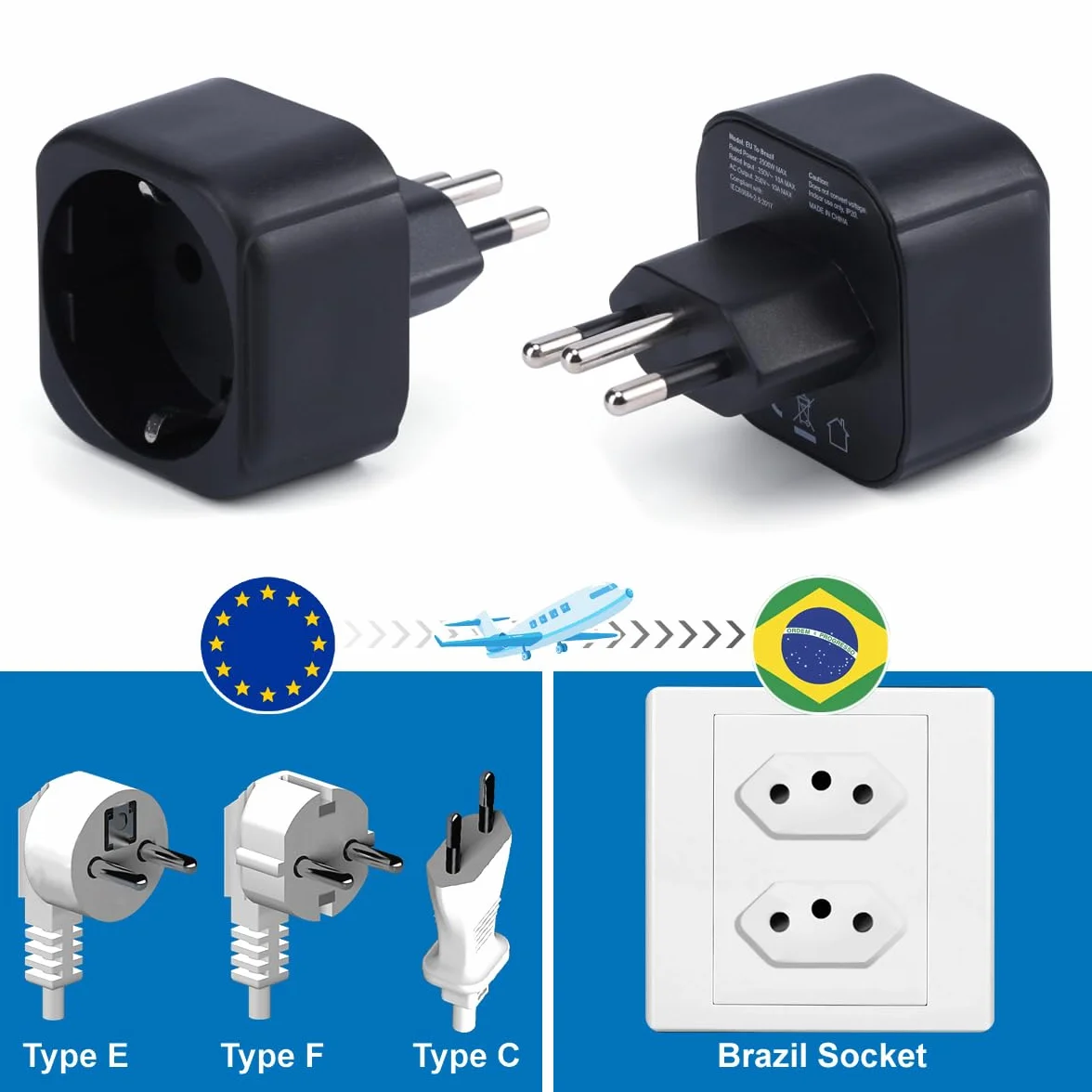 Adattatore da Spina Europa a Brasile, Spina Schuko Tipo C/E/F Convertitore da Viaggio con Presa Brasiliana