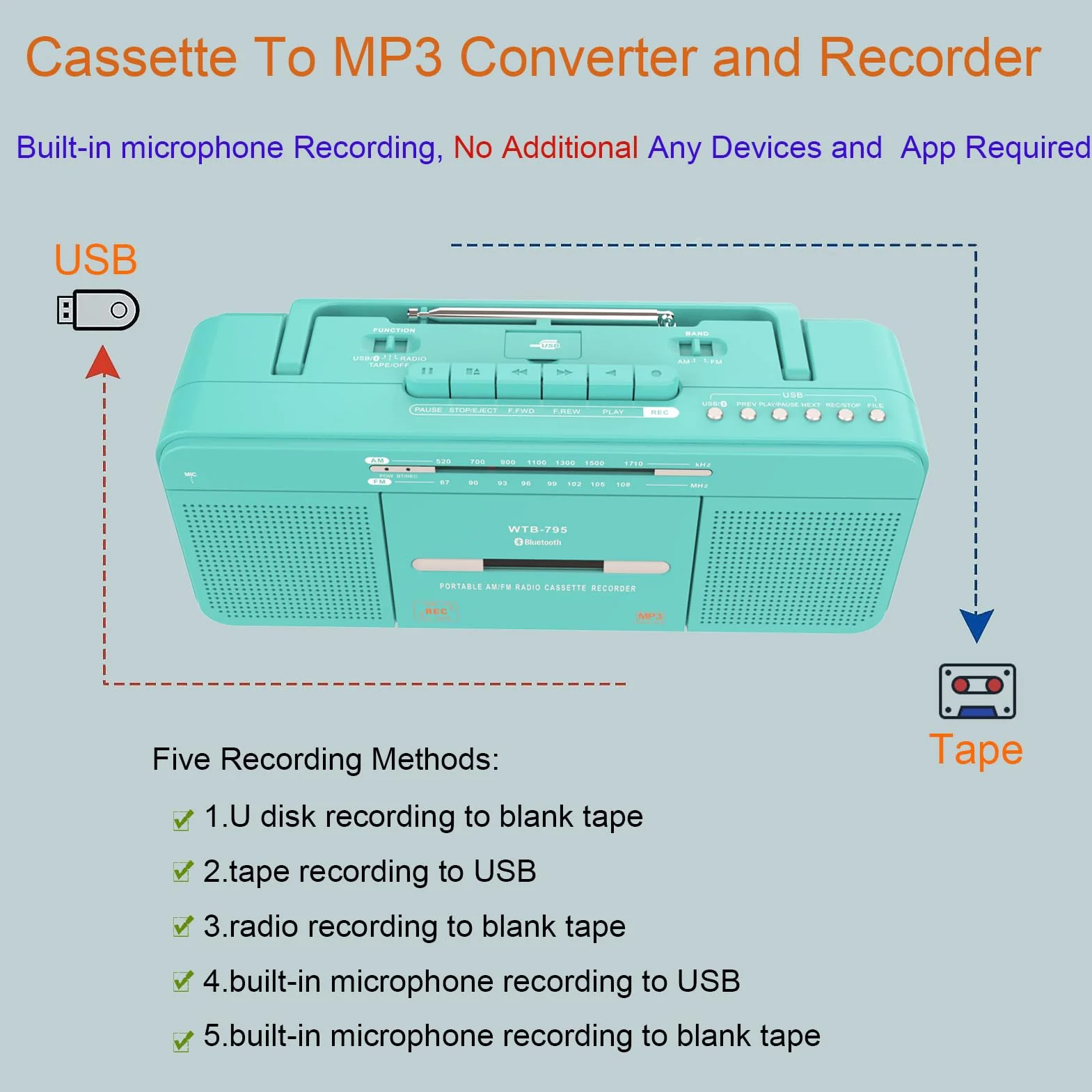 Lettore Audio Cassette Portatile USB Bluetooth Radio Stereo AM FM Registratore Microfono Convertitore MP3 Jack Auricolare Verde
