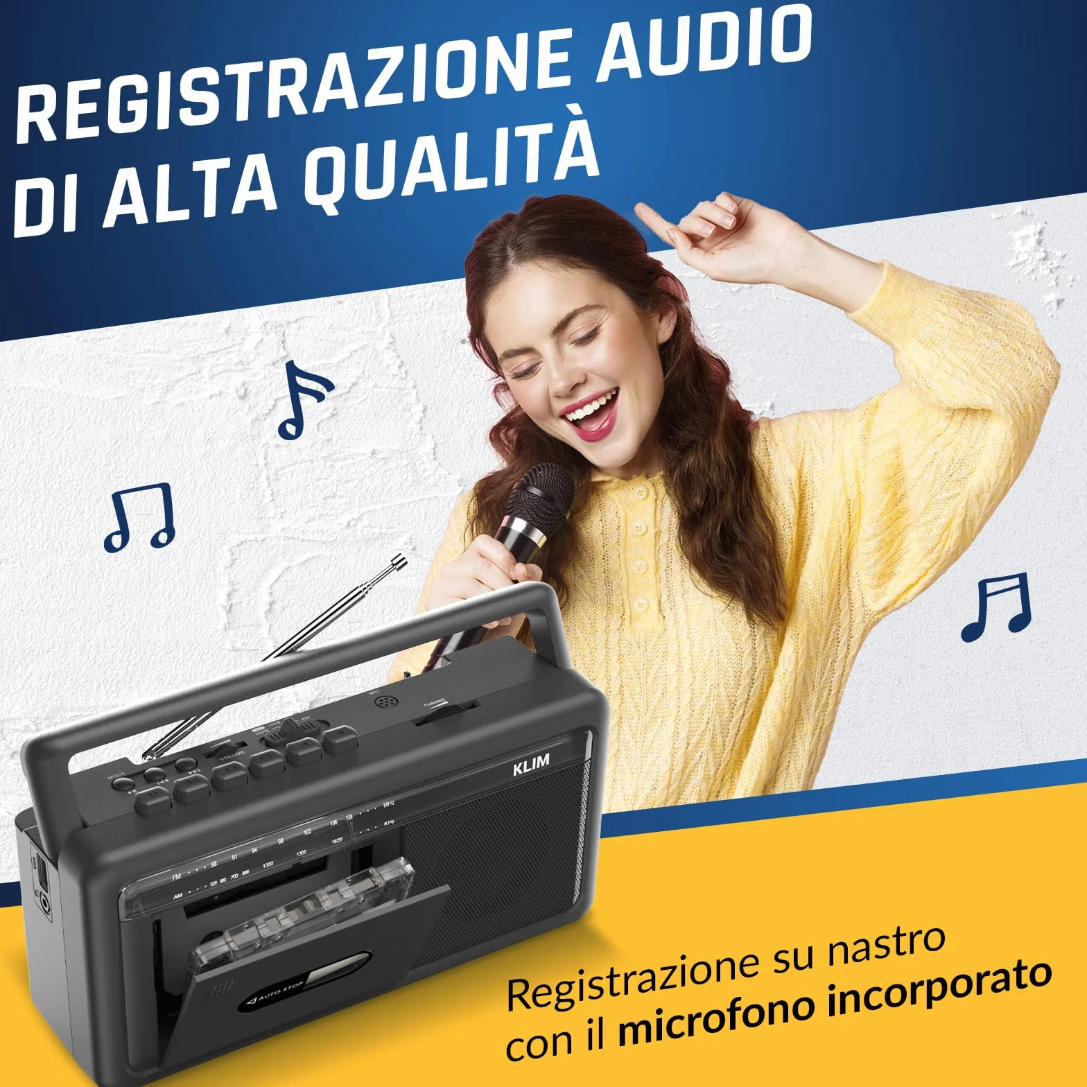 KLIM Lettore Cassette Audio Boombox Radio AM/FM Bluetooth Registratore a Cassette USB Altoparlante Portatile Retrò Nero