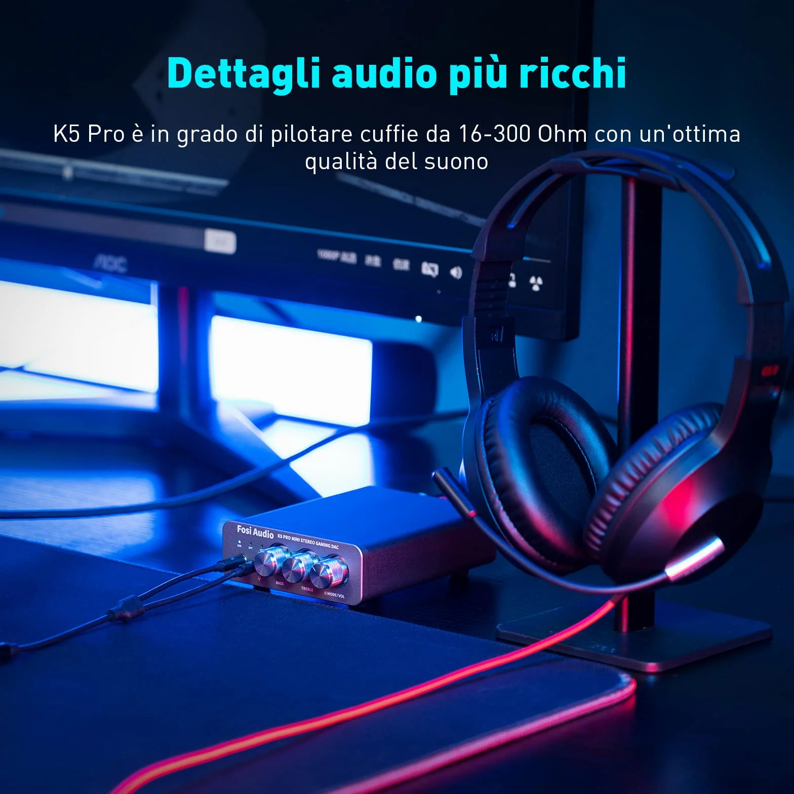 Fosi Audio K5 Pro Amplificatore per Cuffie DAC USB C Uscita 3,5 mm RCA Ingresso Microfonico Ottico Coassiale USB Type C Gaming DAC AMP Hi-Res PS5 PC MAC