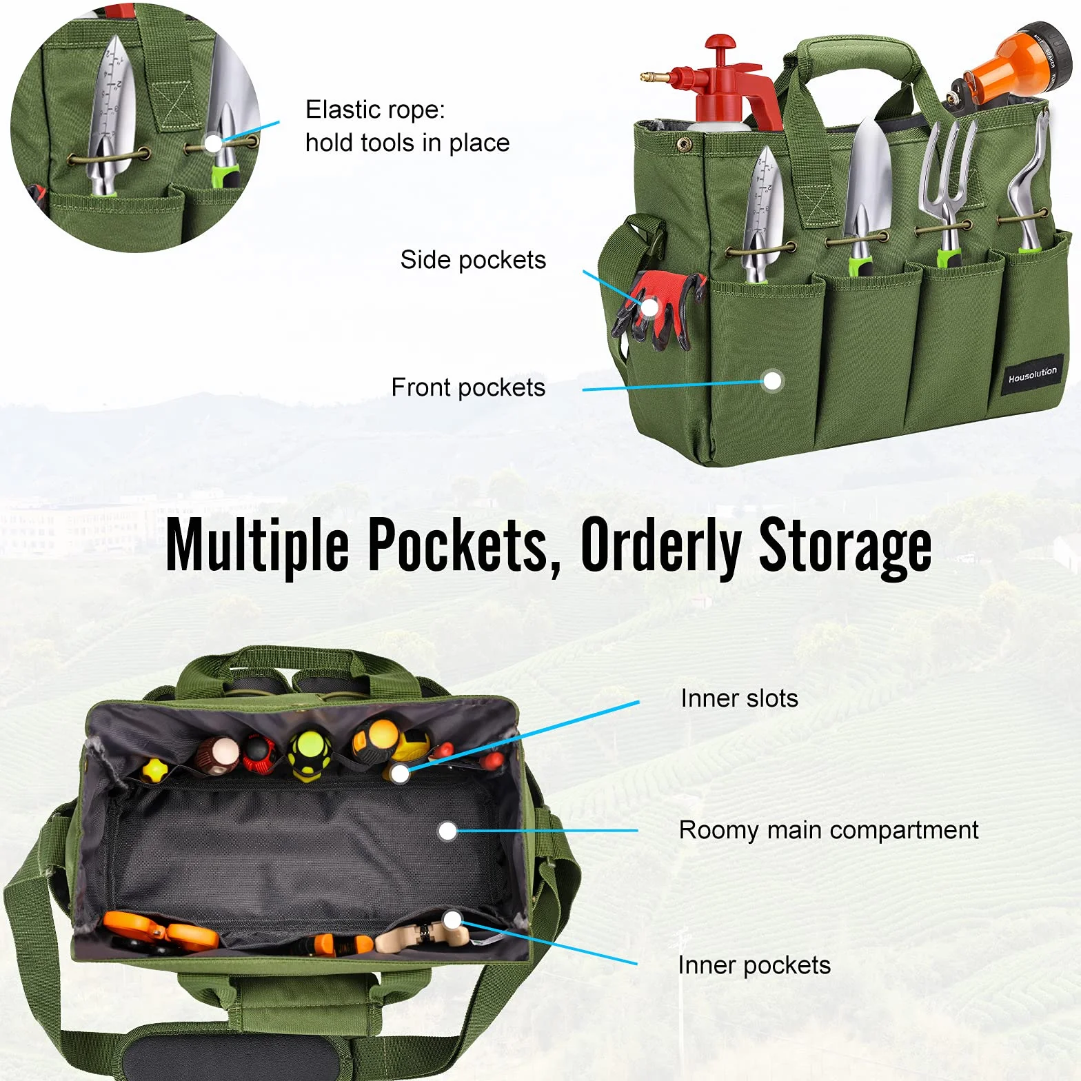 Housolution Borsa Portaoggetti da Giardino con Tracolla Regolabile, Borsa per Attrezzi da Giardinaggio con Manico in Poliestere 900D Multi-Tasca Porta Utensili Grande Capacità per Giardiniere, Verde