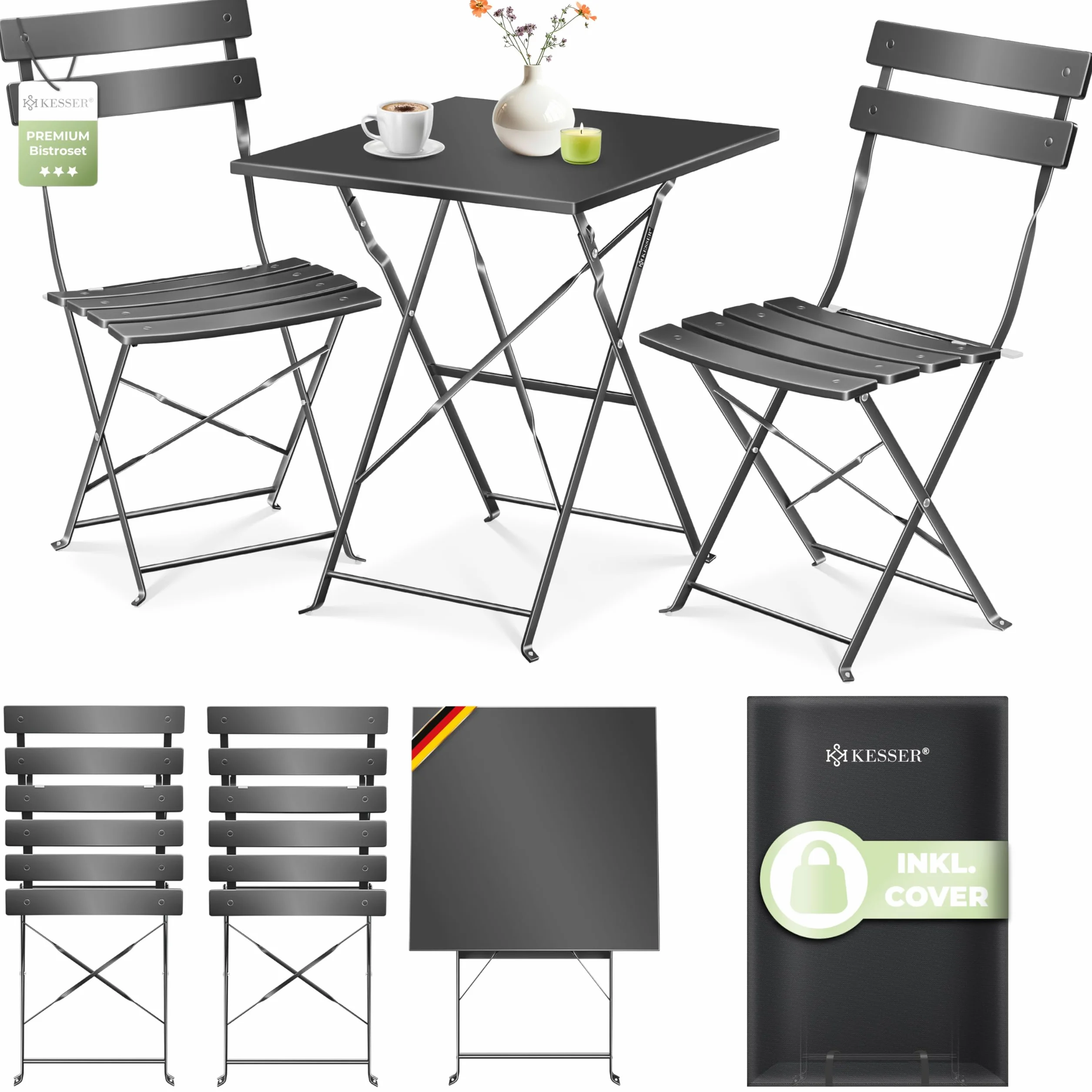 KESSER® Set da bistrò, 3 pezzi, con tavolo da bistrot e 2 sedie pieghevoli, mobili da giardino esterni, resistente ai raggi UV e alle intemperie, set da balcone