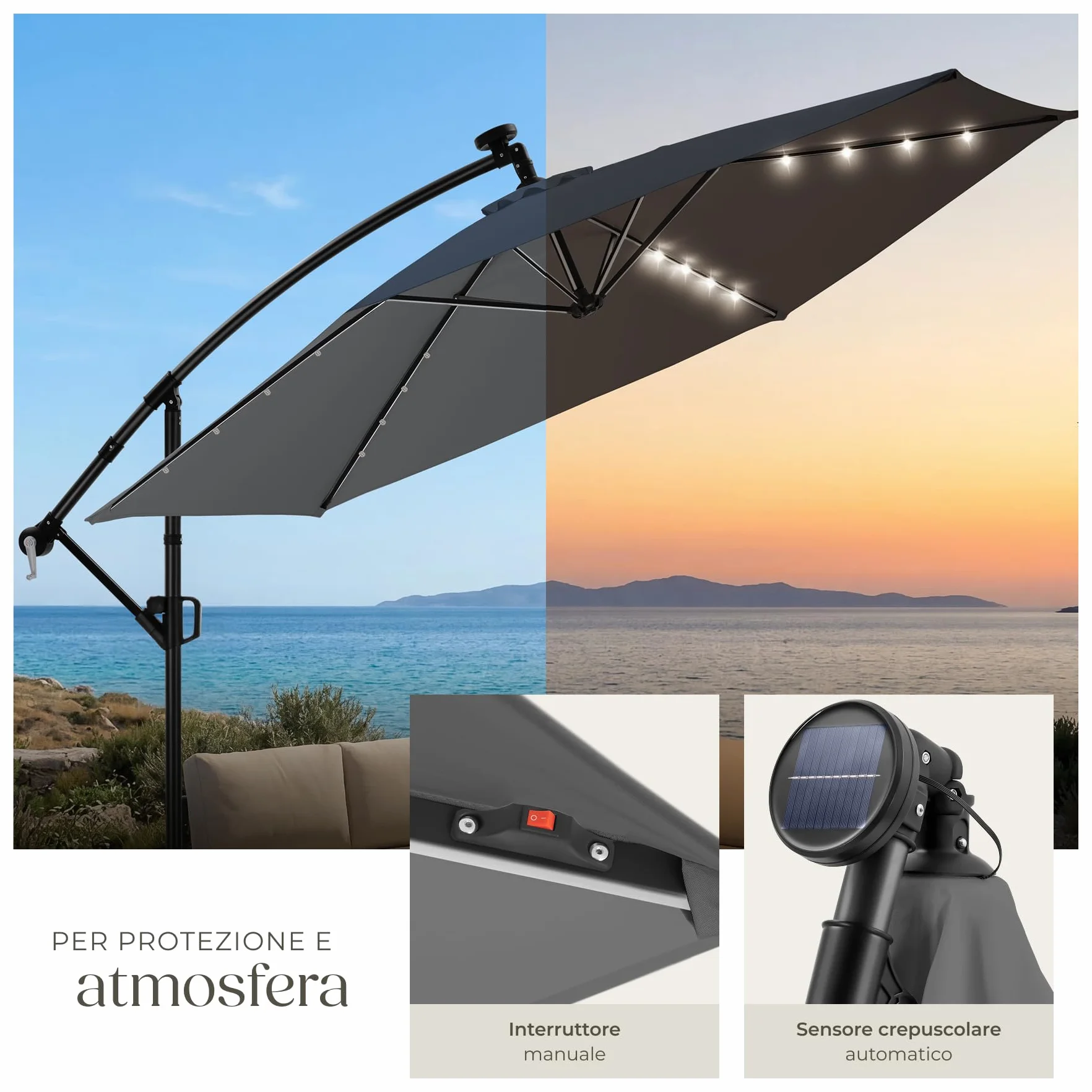 tectake® Ombrellone da Giardino 3x3 m, Ombrellone a Braccio Girevole 360° con Strisce Led a Energia Solare, Protezione UV 50+, Idrorepellente, Inclinabile, Base in Acciaio a Croce, Manovella