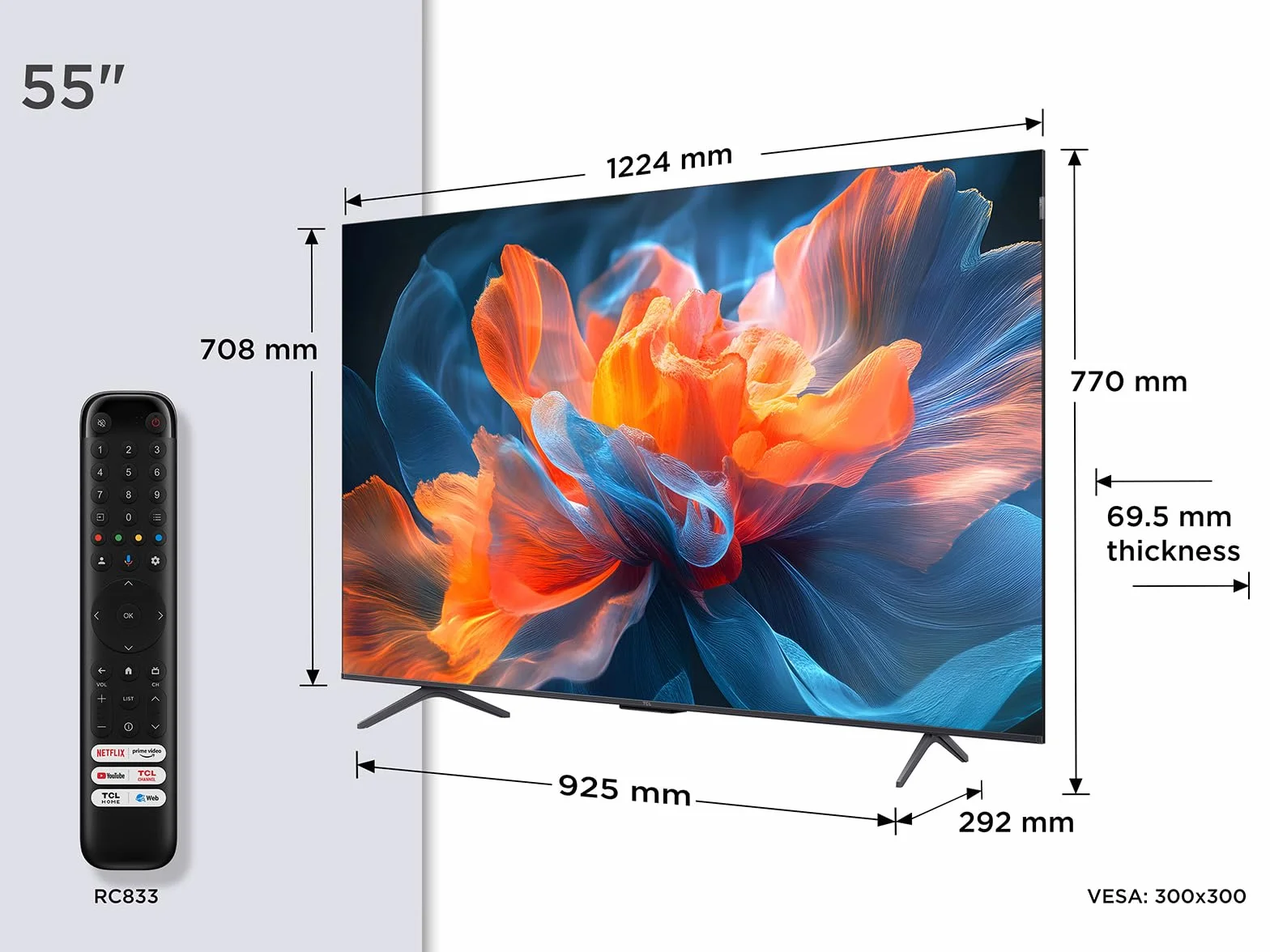TCL 55T8C TV QLED 4K HDR Ultra HD 55", Google TV, Dolby Vision Atmos, Motion Clarity Pro 144 Hz, FreeSync, Onkyo 2.1