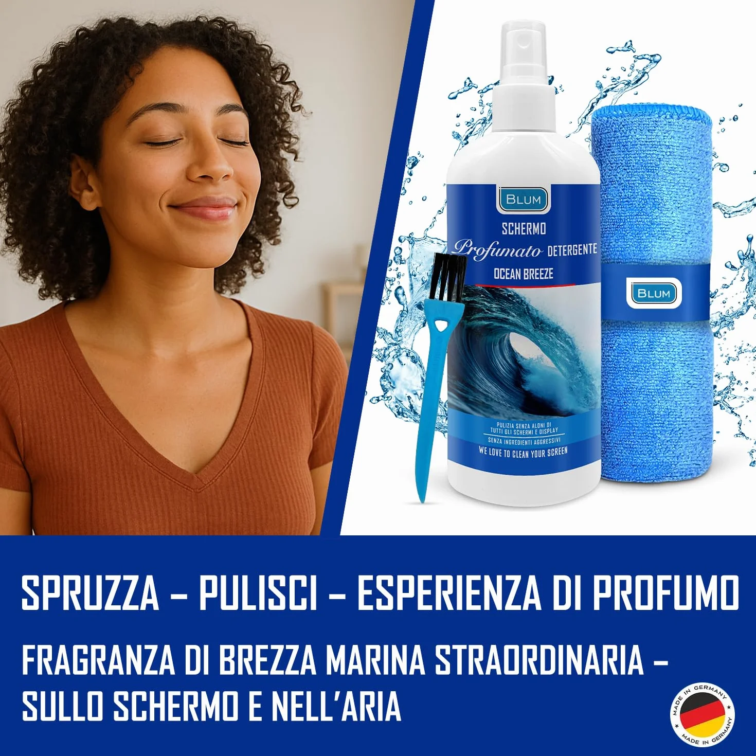Blum Detergente schermi OCEAN BREEZE 250ml + panno microfibra 30x30cm Pulitore TV laptop monitor