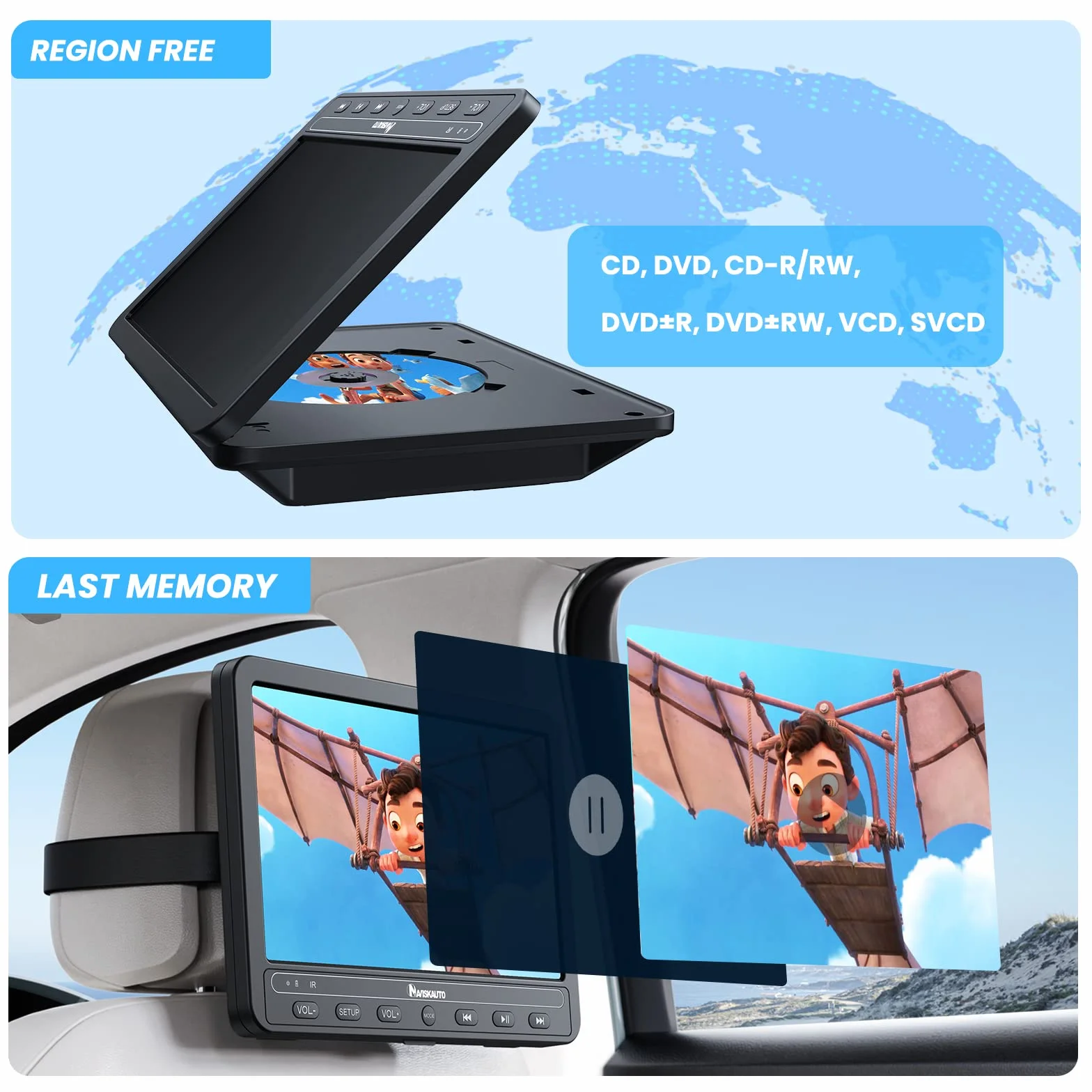 NAVISKAUTO 10,5" Doppio Lettore DVD per Auto Portatile con Batteria Ricaricabile 5 Ore USB/SD