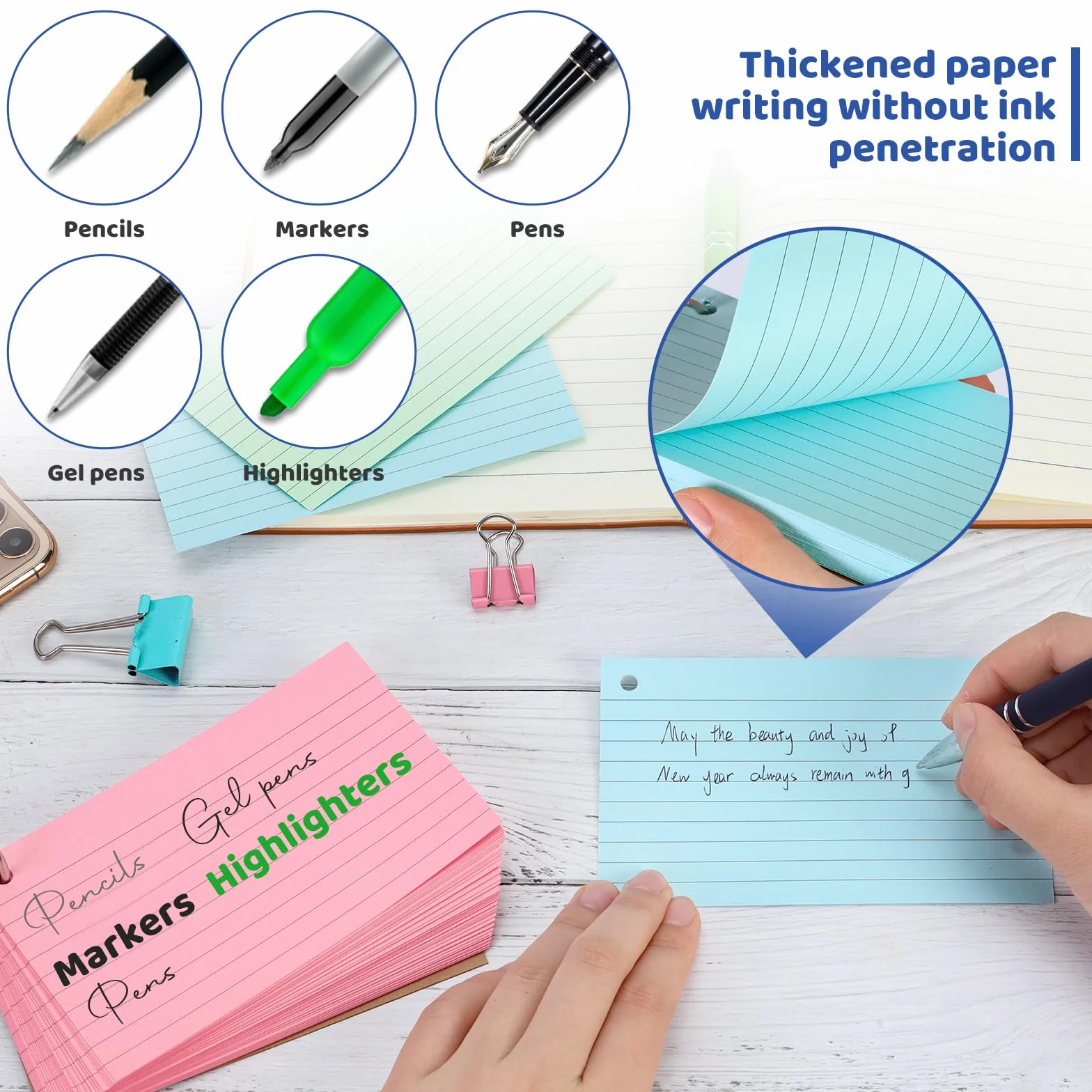 250 Pcs Flash Card Colorate 13 x 8 cm Scheda Indice con Raccoglitore ad Anelli per Ufficio e Scuola (5 Colori)