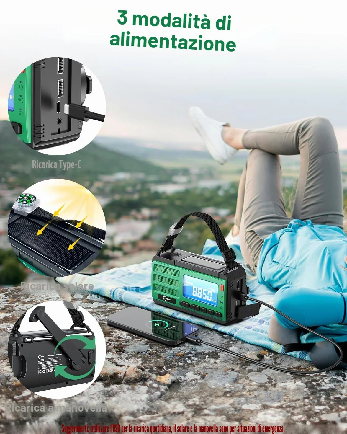 Esky 10000 mAh Radio Manovella AM/FM/NOAA Solare Portatile con Torcia, Bussola, Allarme SOS per Campeggio Emergenza