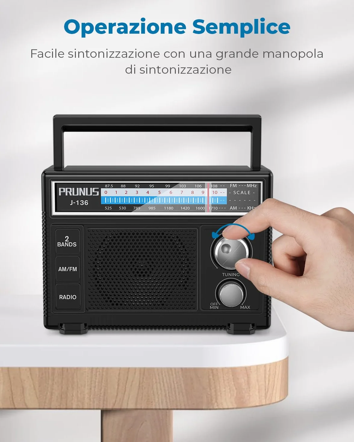 PRUNUS J-136 Radio Portatile AM/FM, Alimentazione Batterie o CA, Jack AUX/Microfono, Nero