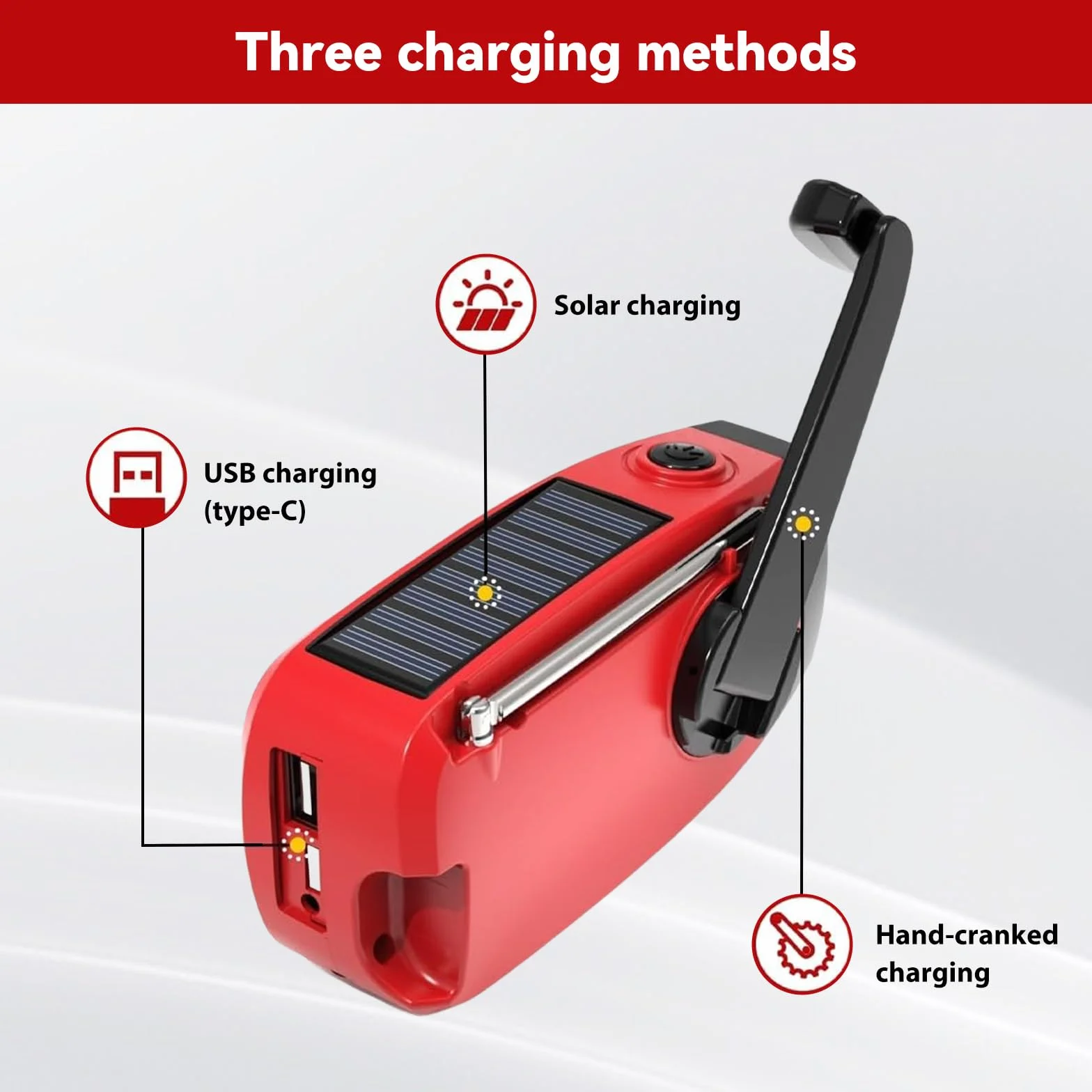 Radio d'emergenza a manovella solare multifunzione con torcia LED power bank SOS, 2000mAh IPX3 per campeggio sopravvivenza