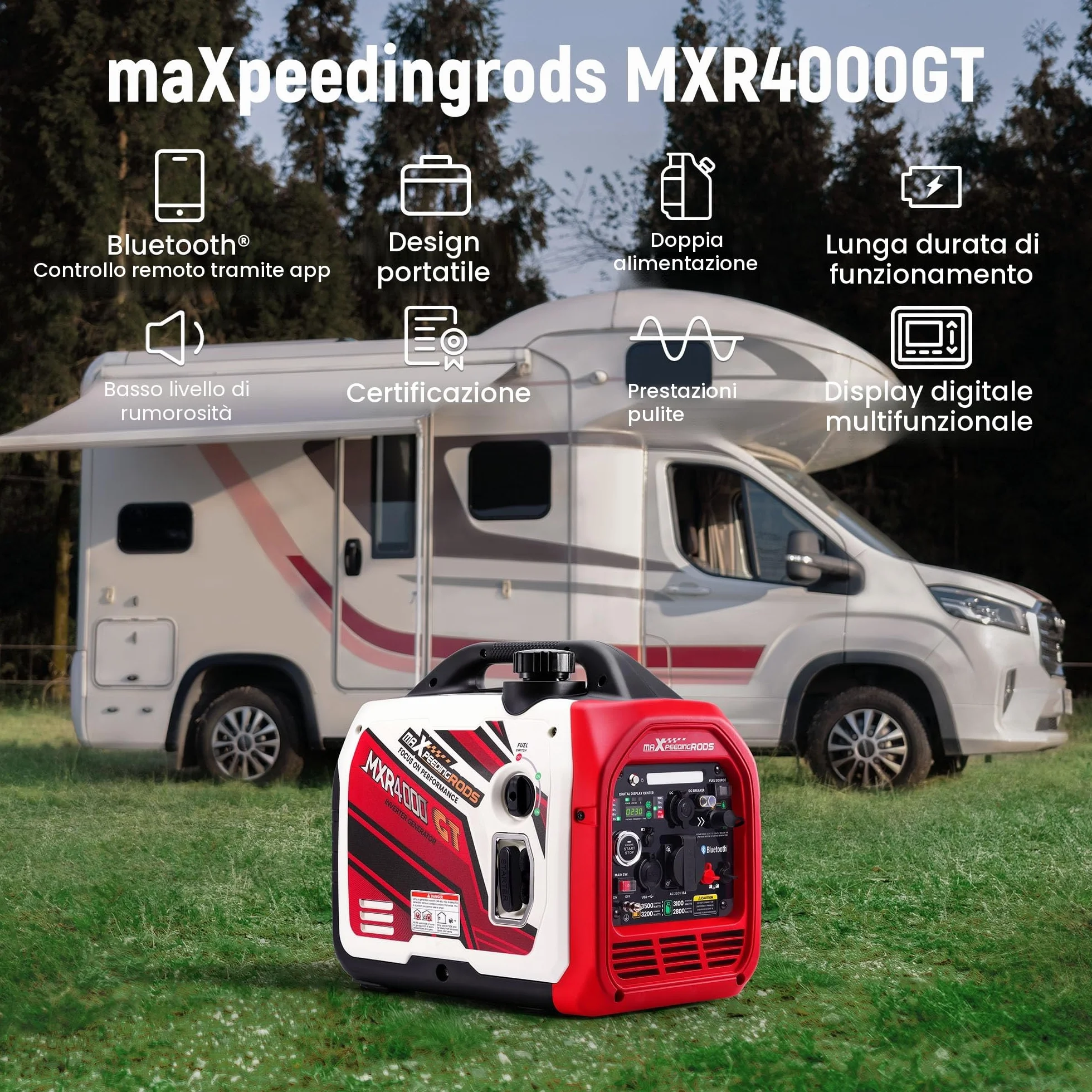 maXpeedingrods Generatore di Corrente Silenziato GPL e Benzina 3500W Inverter con App Bluetooth® Telecomando Portatile 4 Tempi Generatore Emergenza per all'Aperto Campeggio Partito Cantiere Garage