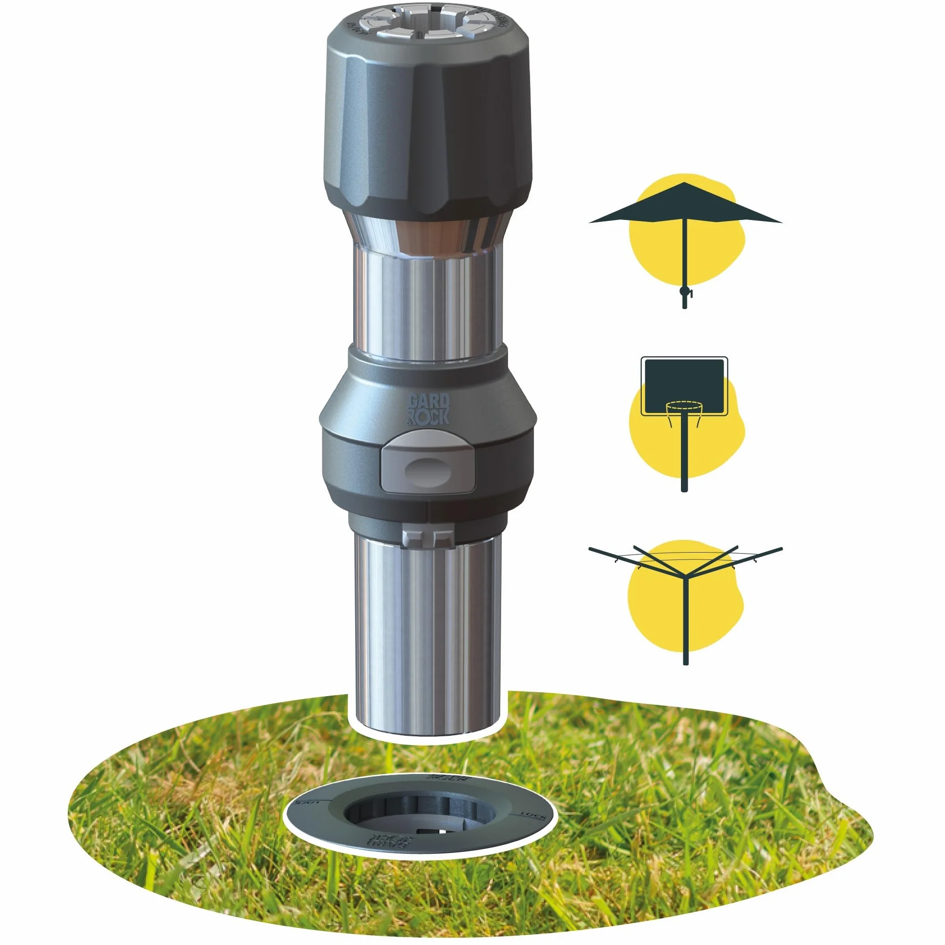 GARD & ROCK - Piede per OMBRELLONI Dritti, in Alluminio - Multi-Applicazioni, da agganciare sulle basi d'ancoraggio - Quick Fixation Ststem