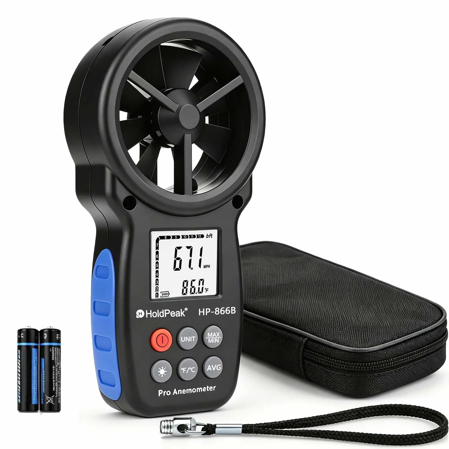 HoldPeak Anemometro Digitale 866B, Misuratori del Vento,Temperatura del Vento,Max/Min,LCD Retroilluminato,qualità dell'Aria e del Flusso d'Aria per Windsurf,Kitesurf,Vela,Surf,Pesca