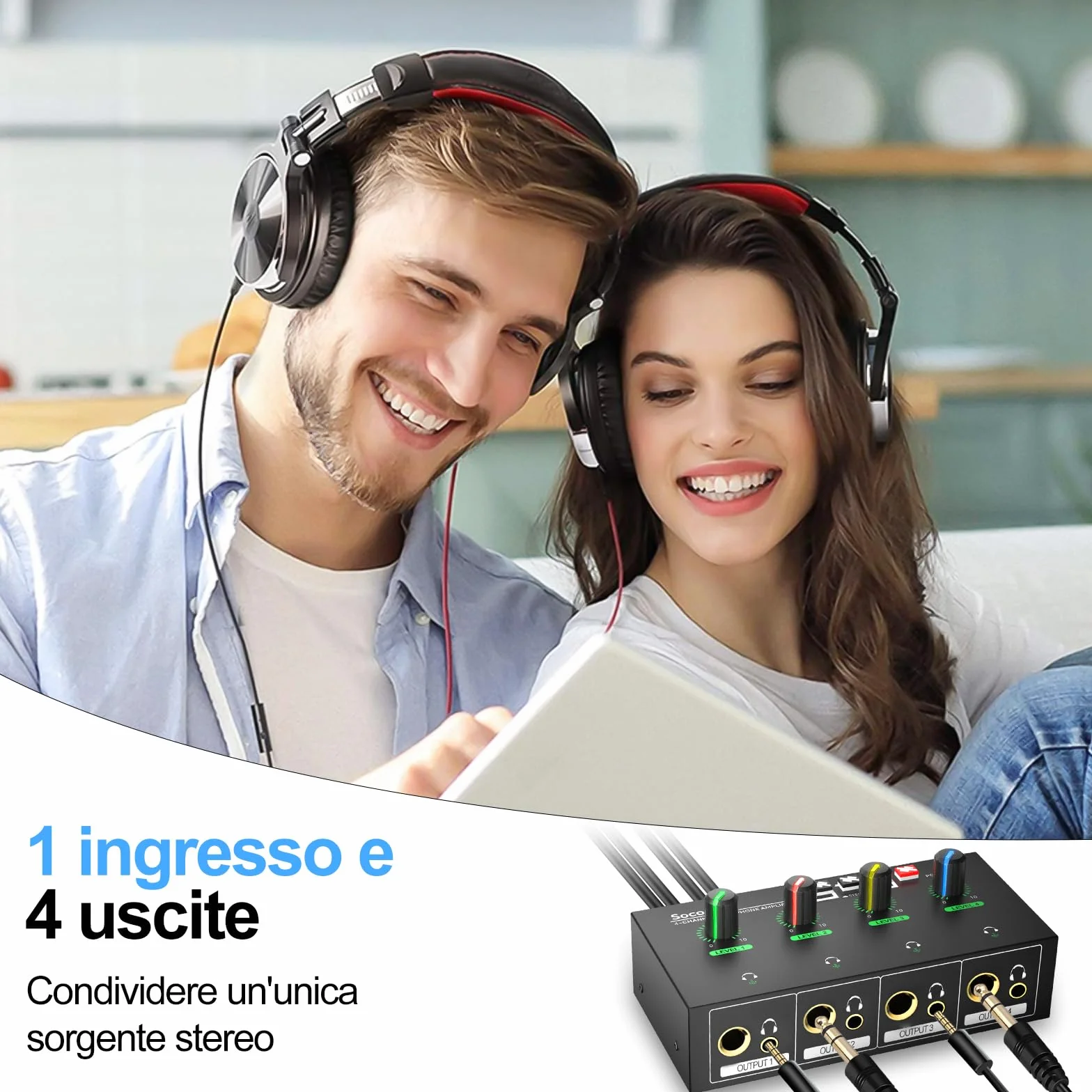 Amplificatore per Cuffie 4 Canali, Mixer Compatto in Metallo con 8 Uscite, Jack 3,5 mm/6,35 mm/RCA, Interruttore Stereo, Mute, Luce RGB