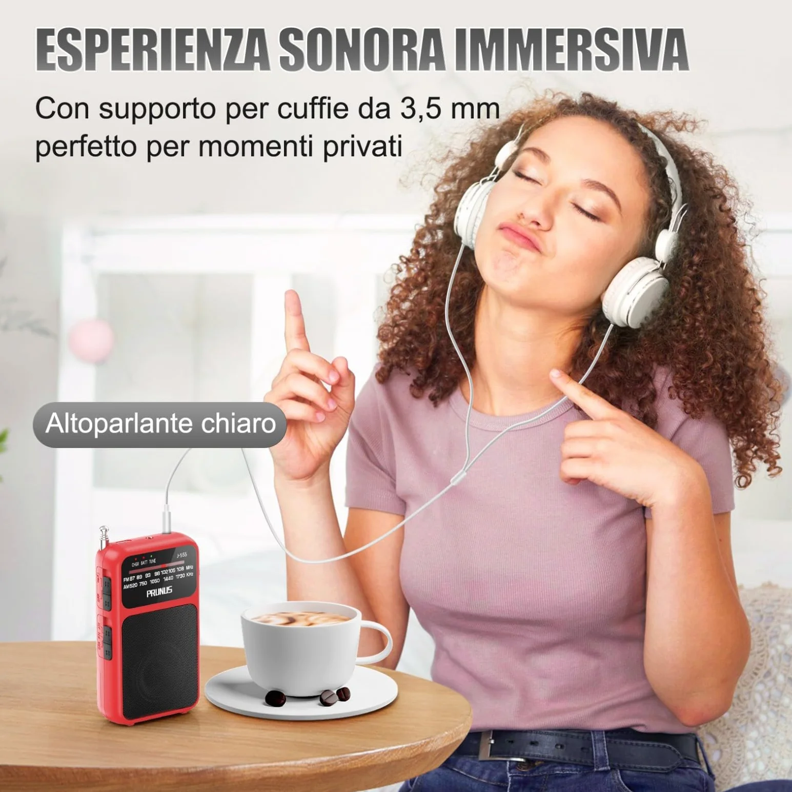 PRUNUS J-555 Radio Portatile Ricaricabile FM/AM con Batterie AAA, Jack, Clip Posteriore Rosso