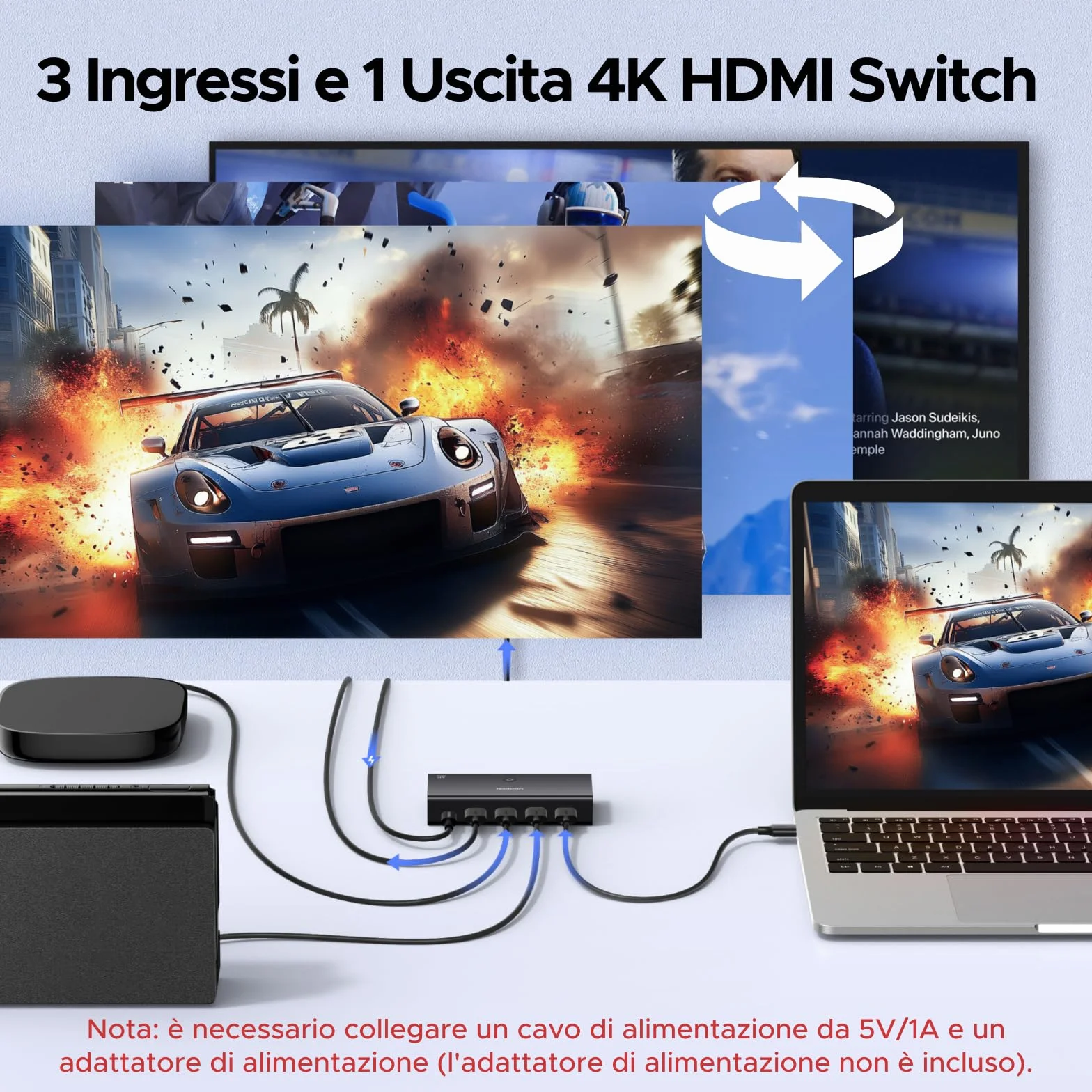UGREEN Switch HDMI 4K 60Hz 3 In 1 Out Switcher 1080P UHD Dolby Atmos con Telecomando per PS5 PS4 Xbox PC TV